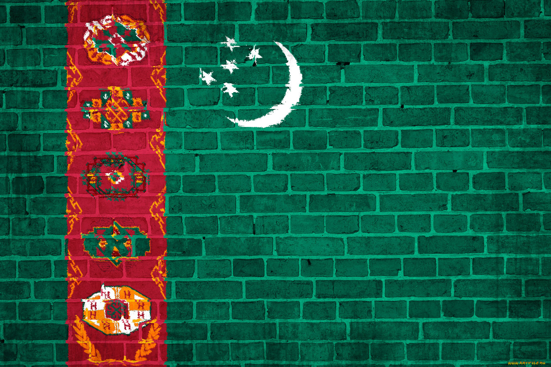 разное, граффити, кирпичная, стена, флаг, туркменский