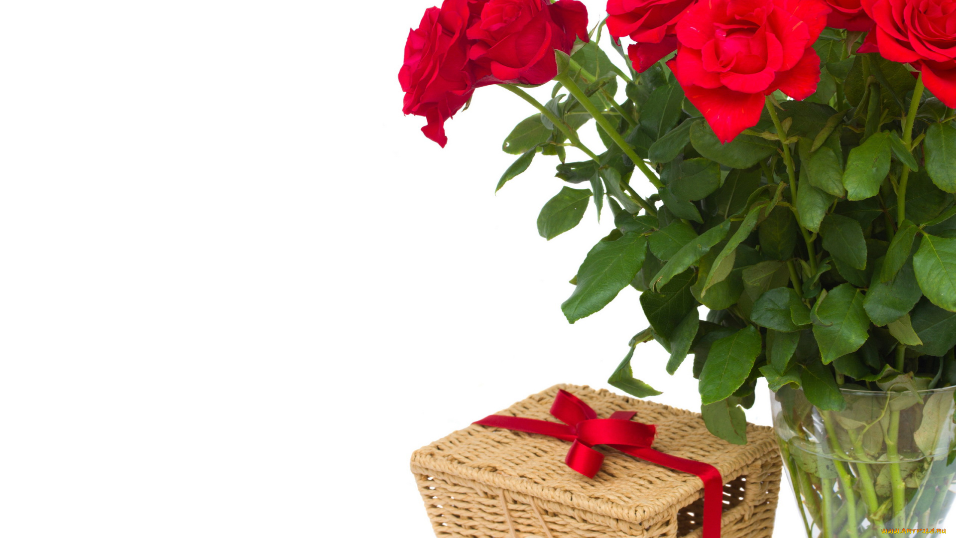 цветы, розы, подарок, лента, букет, ваза, корзинка