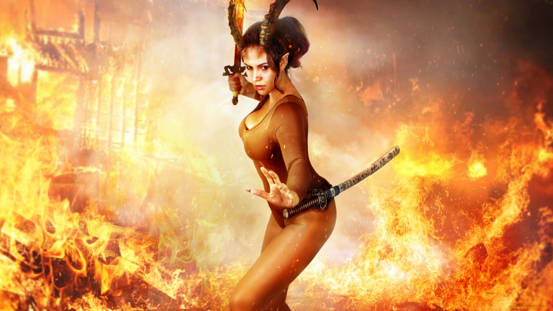 фэнтези, демоны, девушка, фото, арт, demoness, horns, pose, демон, fire, меч, огонь, рога