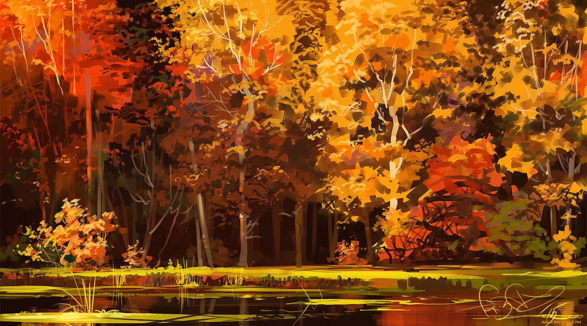 рисованное, природа, арт, озеро, осень, деревья, лес