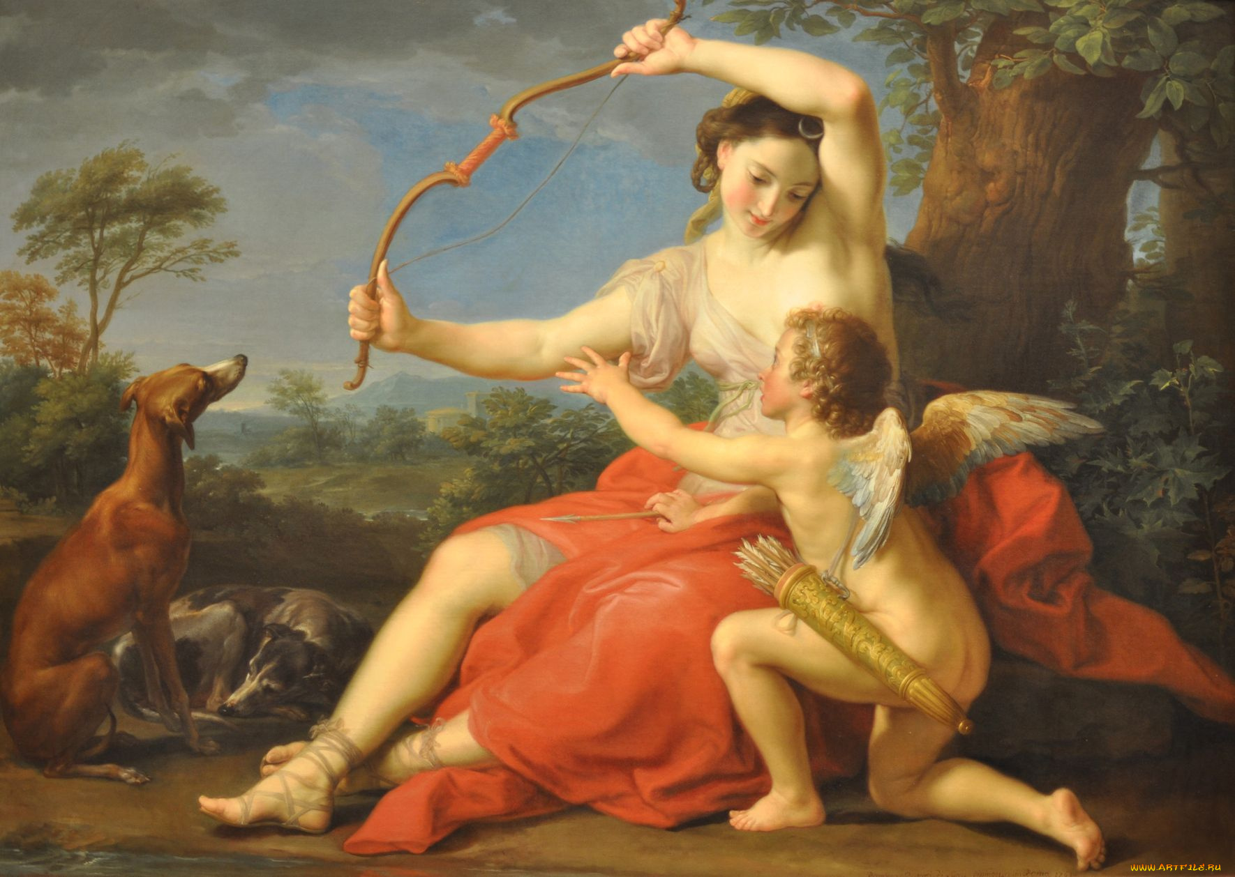 diana, and, cupid, pompeo, batoni, рисованные, лук, собака, купидон, диана