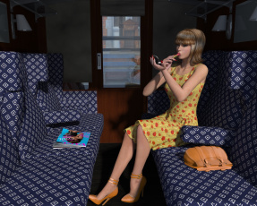 Картинка 3д+графика люди+ people девушка взгляд купе поезд помада