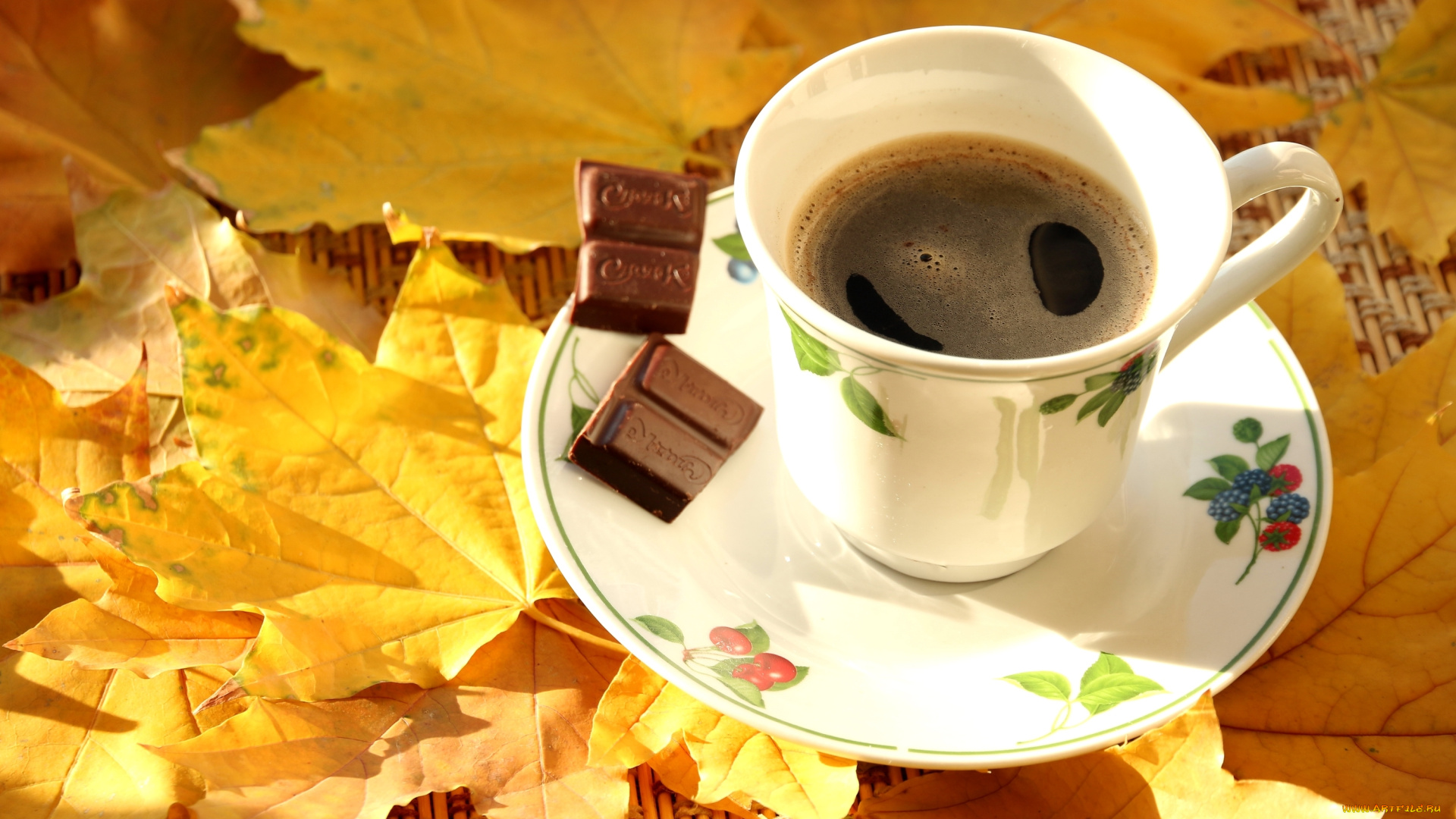 еда, кофе, , кофейные, зёрна, клен, листья, осень, шоколад, чашка