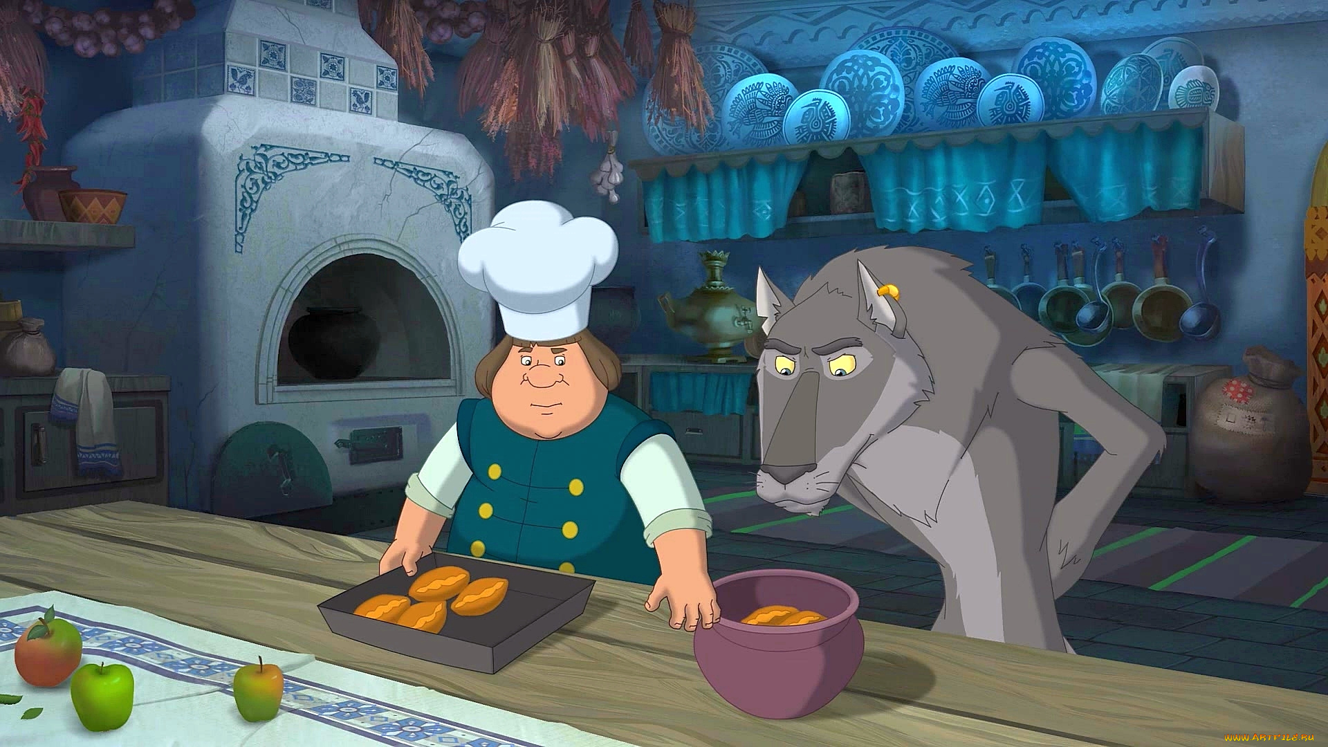 мультфильмы, иван, царевич, и, серый, волк, 2, повар, волк, пирожок, печь, яблоко, посуда