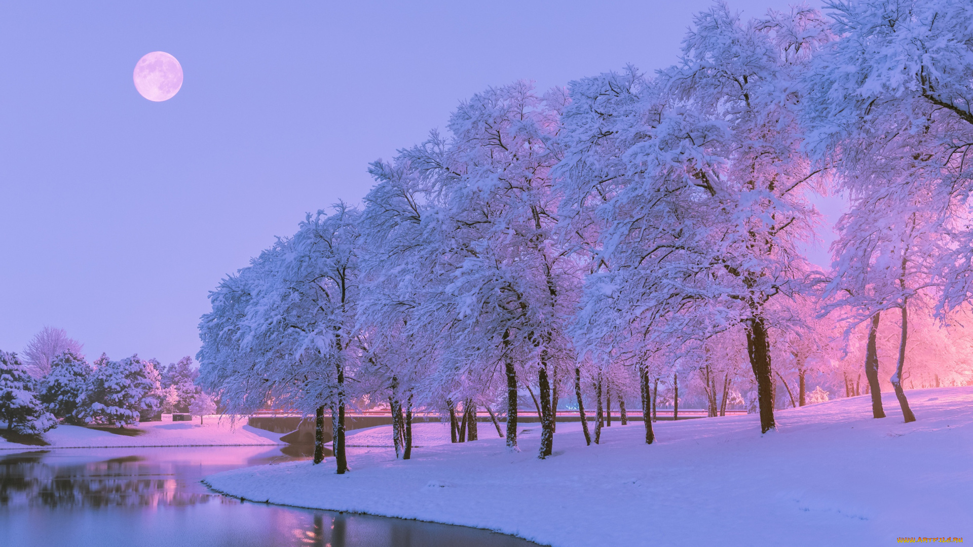 природа, зима, река, снег, деревья, вечер, луна