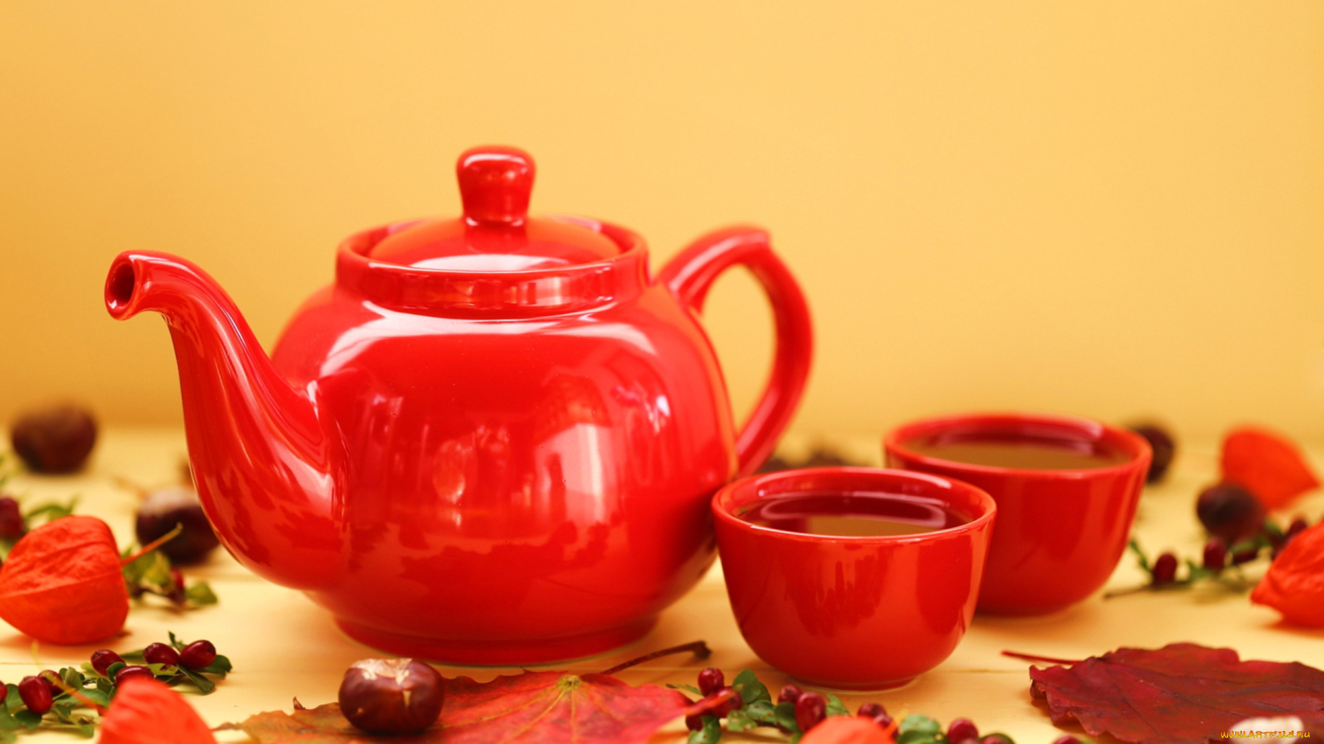 еда, напитки, , чай, чай, чашки, красный, листья, чайник