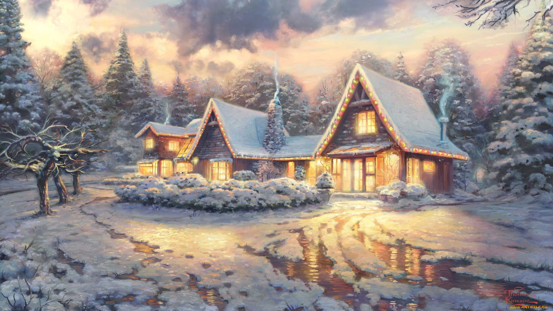 thomas, kinkade, рисованные, зима, пейзаж