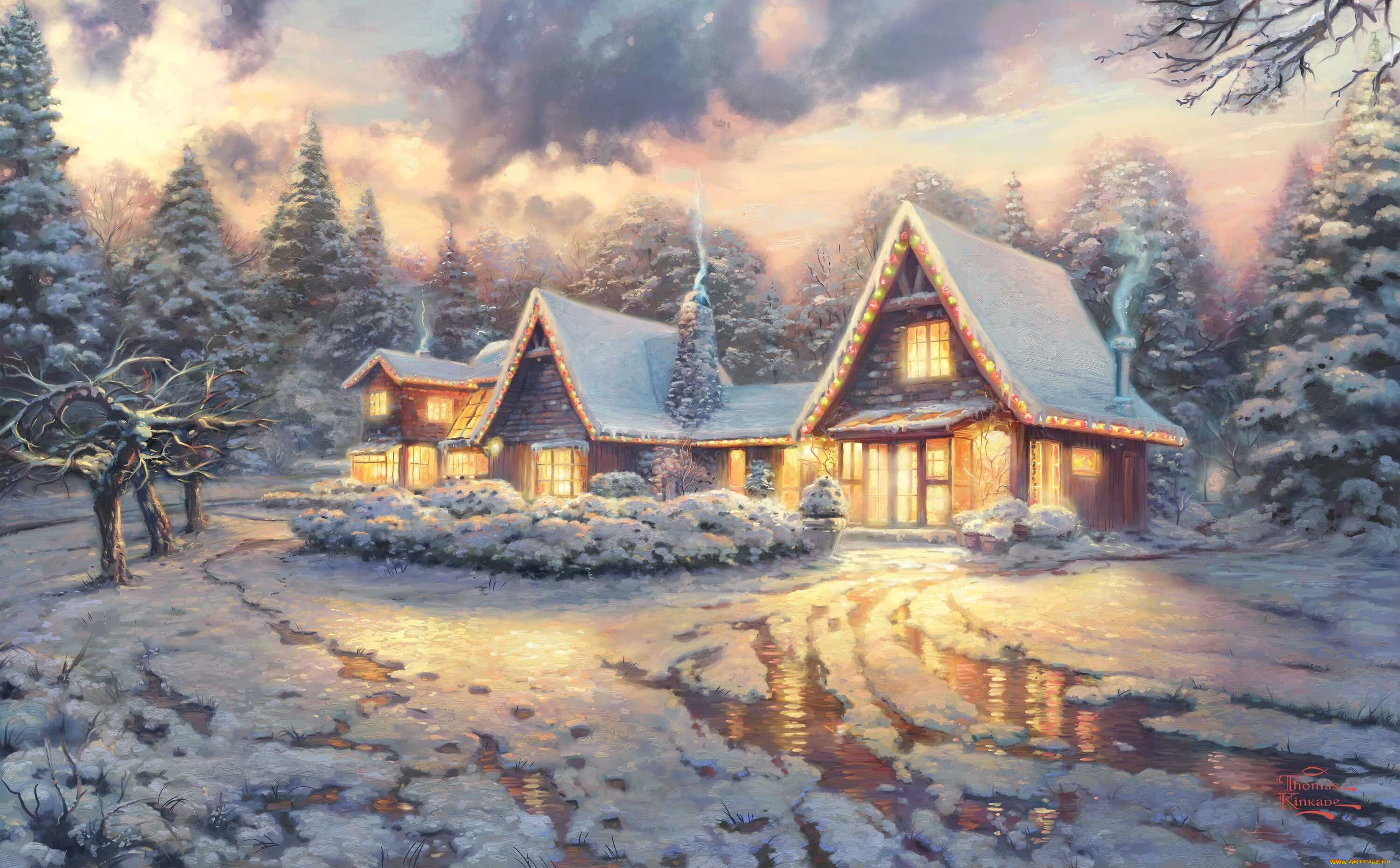 thomas, kinkade, рисованные, зима, пейзаж