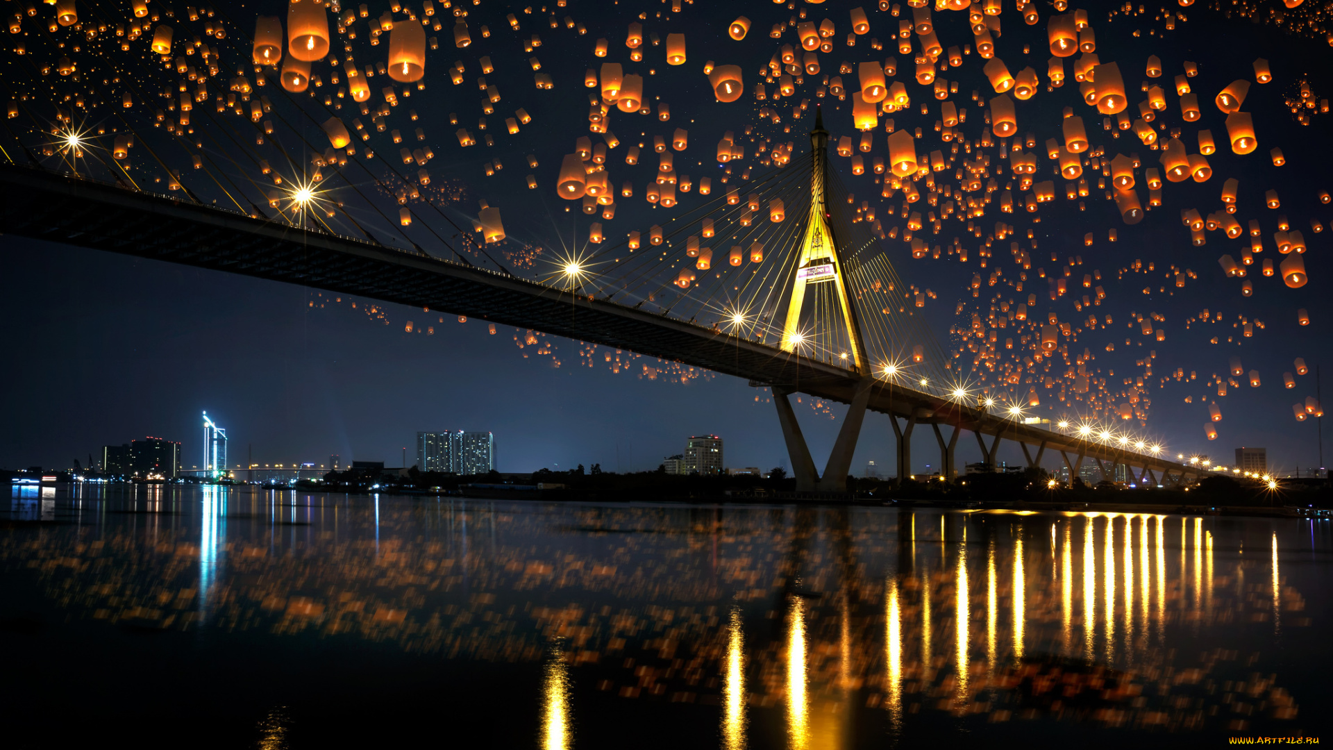 города, -, мосты, bridge, ночь, река, мост, город, reflection, city, отражение, огни, lights, night, river