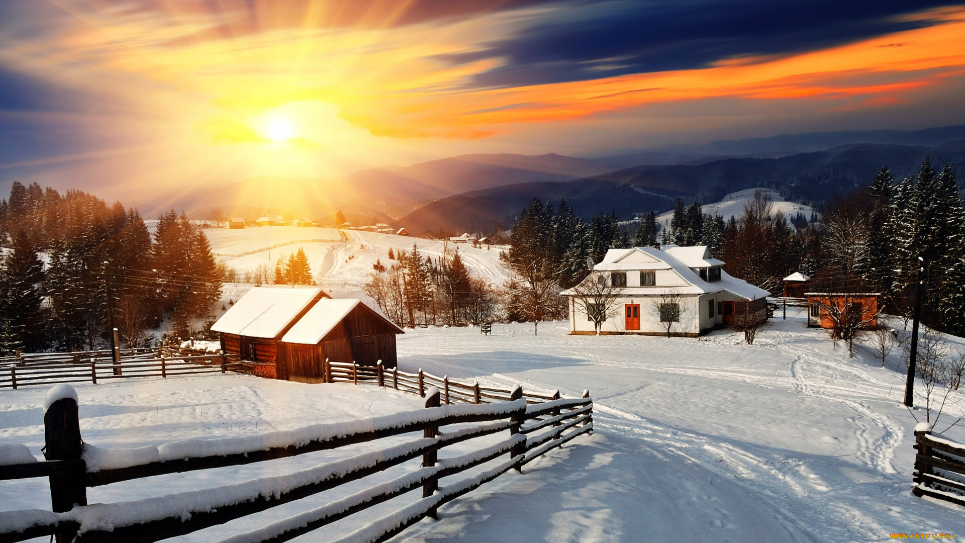 города, -, пейзажи, снег, зима, snow, landscape, забор, деревня, winter, домики, солнце