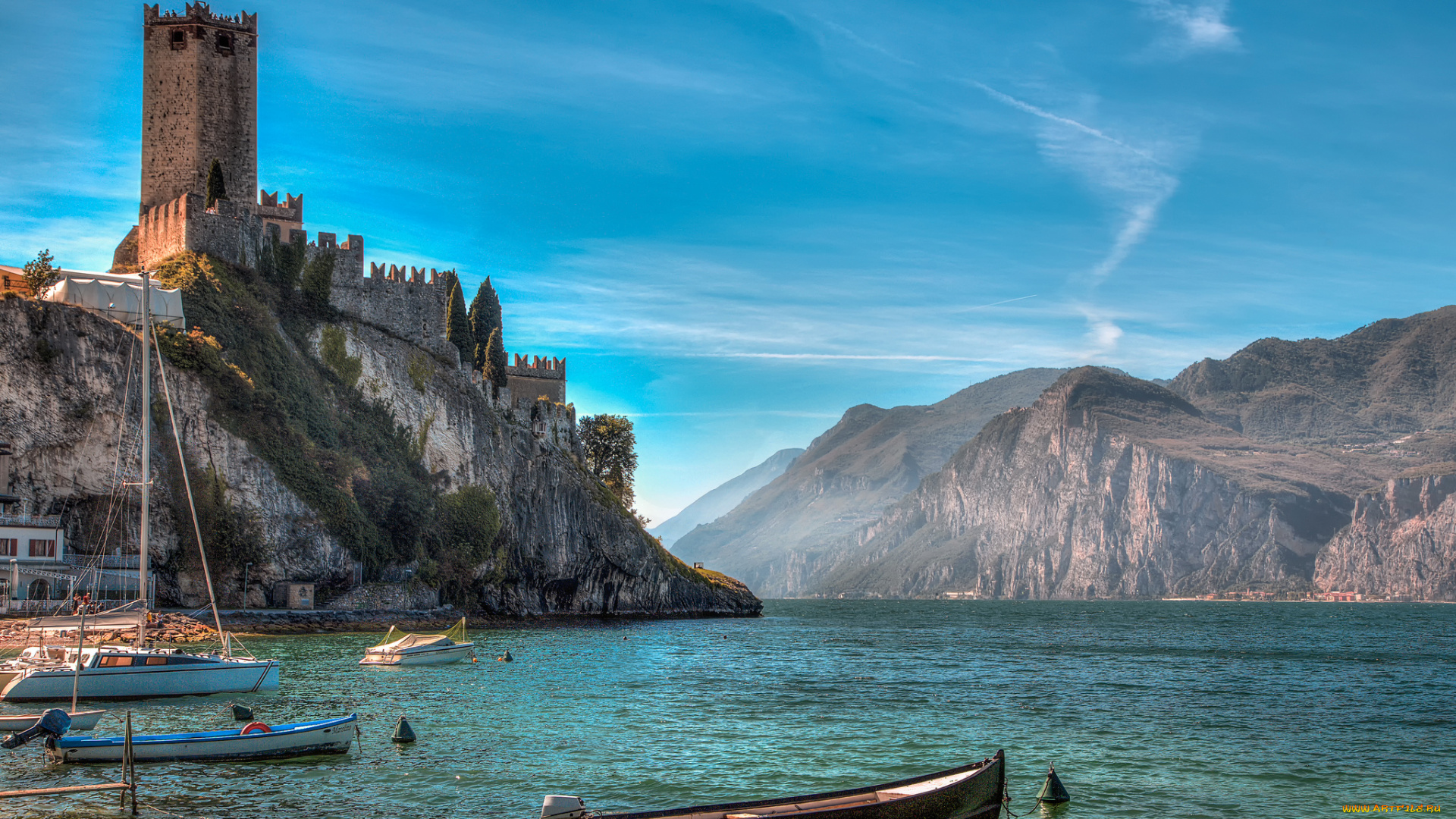 lake, garda, , malcesene, корабли, разные, вместе, крепость, скалы, залив, озеро