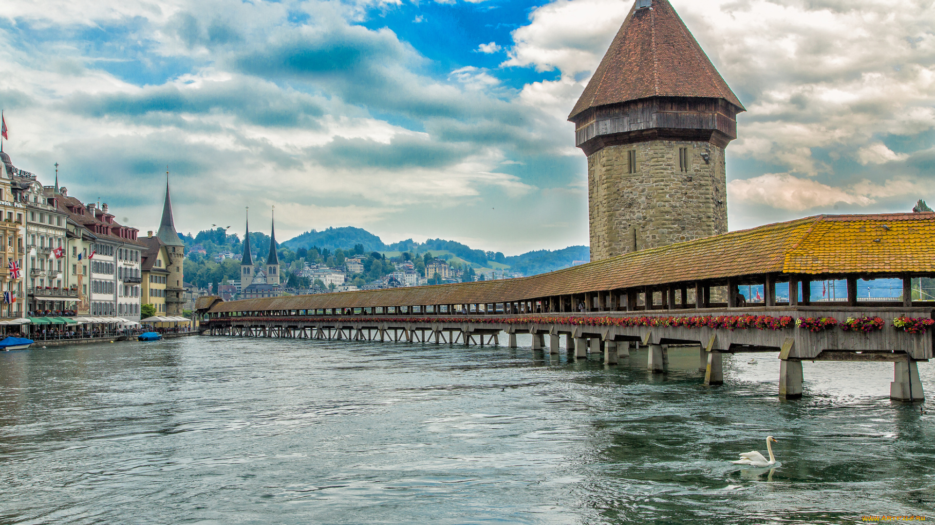 luzern, города, люцерн, , швейцария, мост, озеро, башня, горы