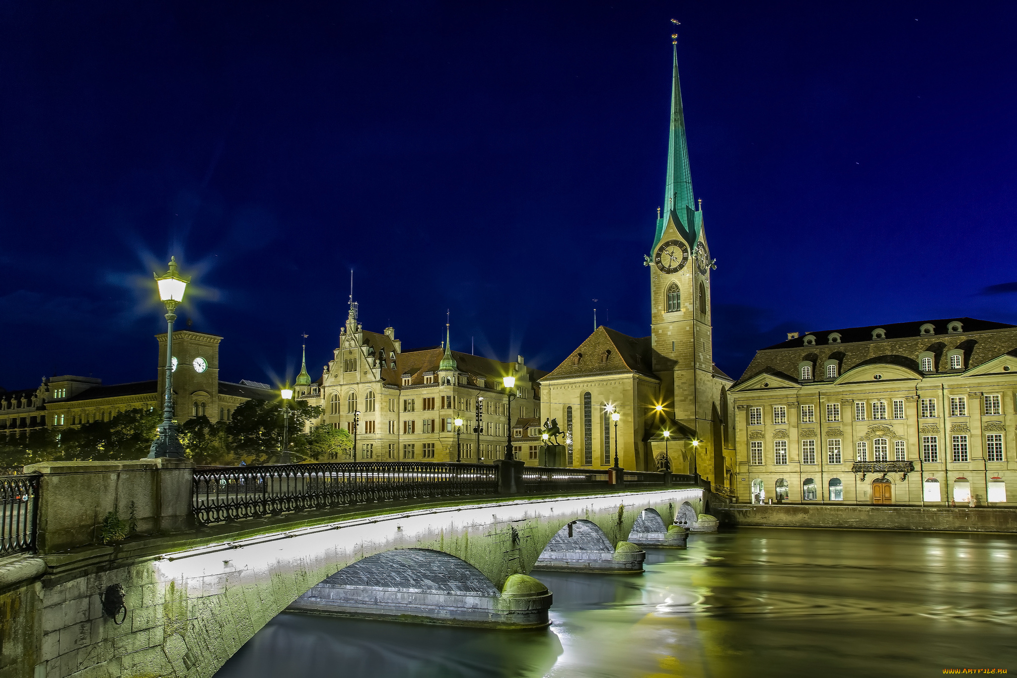 zurich, города, цюрих, , швейцария, башня, мост, река, ночь