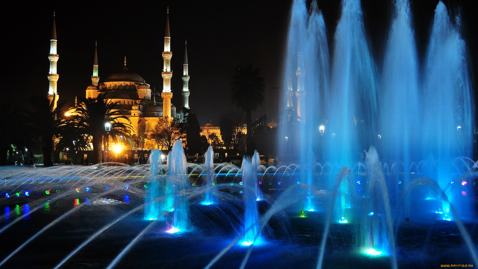 города, стамбул, , турция, стамбул, ночь, огни, фонтан, мечеть, минарет, софия