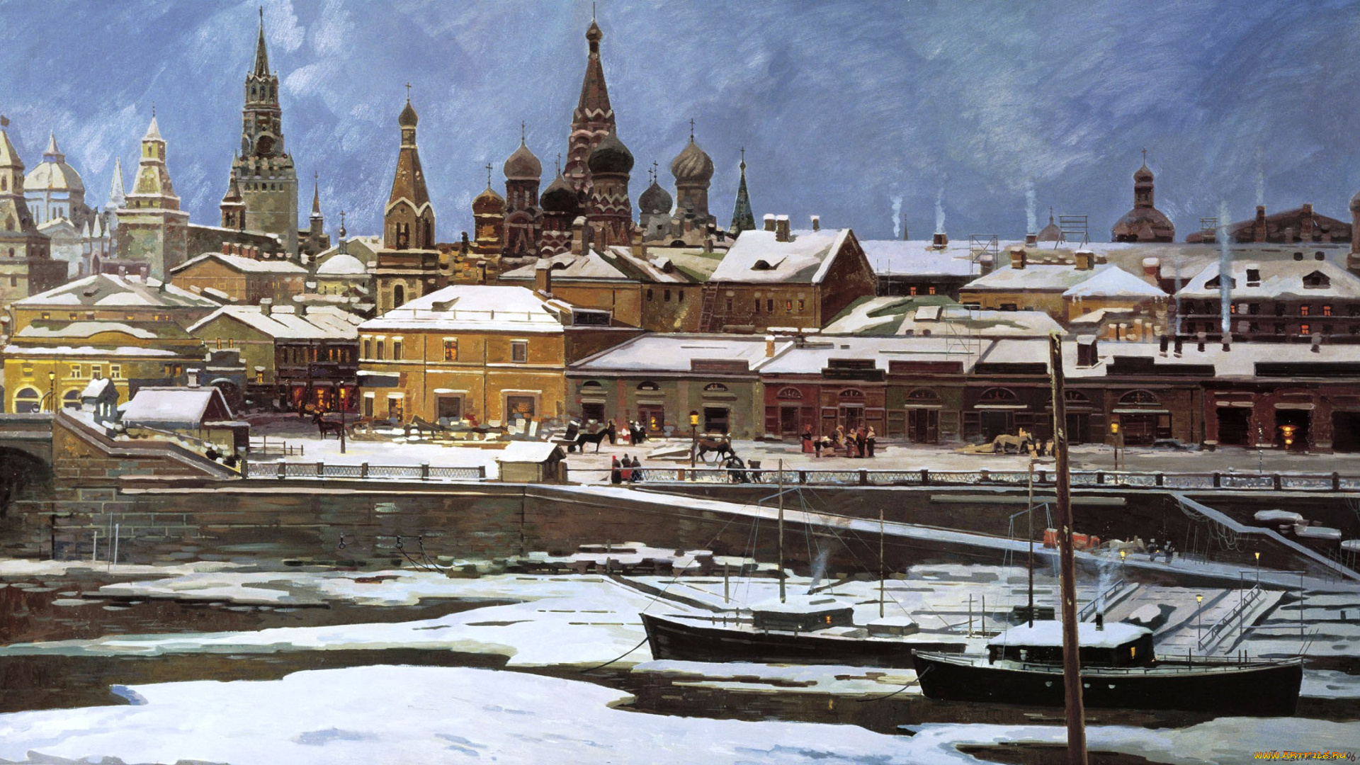 вид, на, кремль, рисованное, алексей, евстигнеев, корабли, зима, река, москва, улица, люди, снег