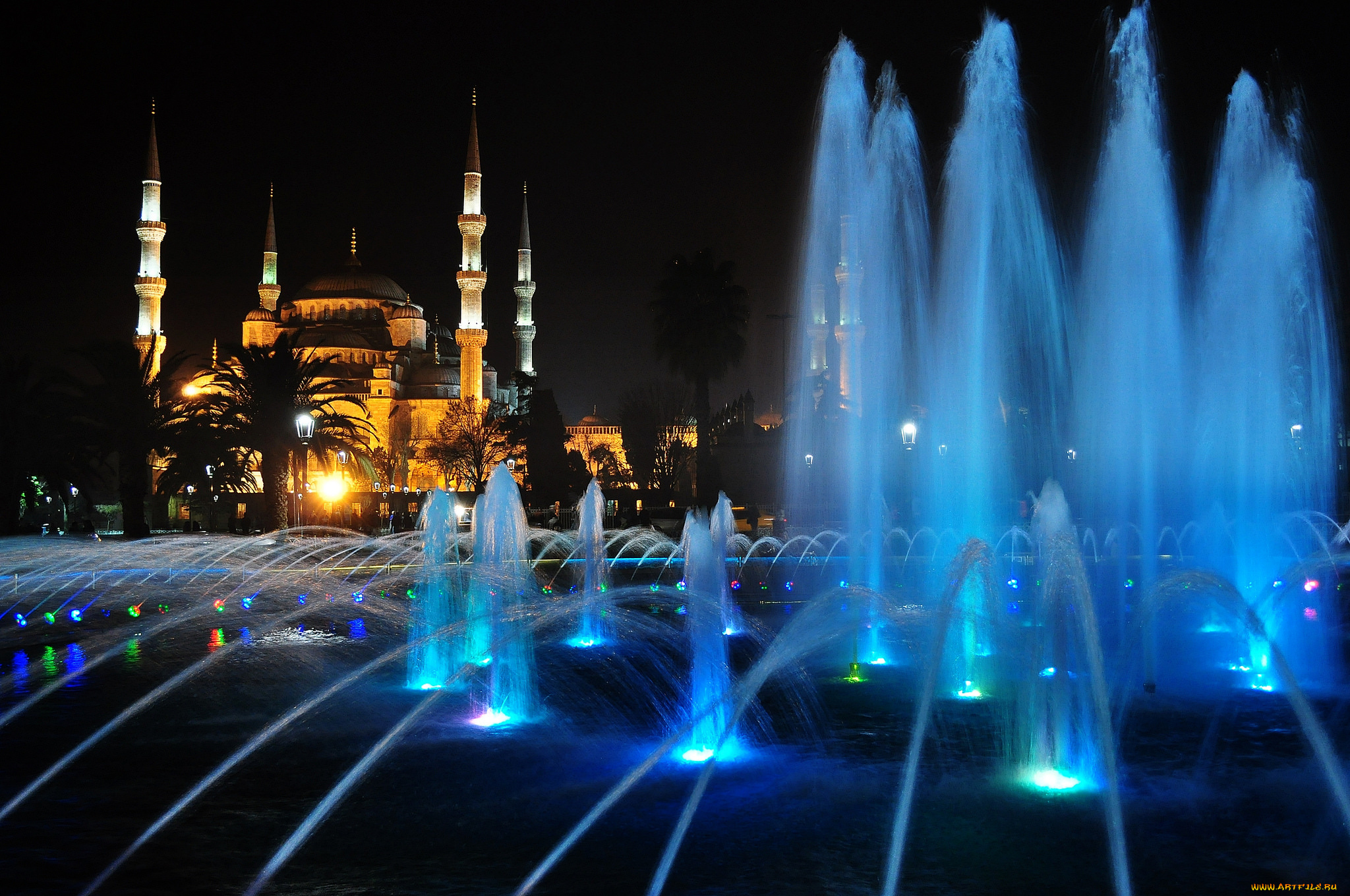 города, стамбул, , турция, стамбул, ночь, огни, фонтан, мечеть, минарет, софия
