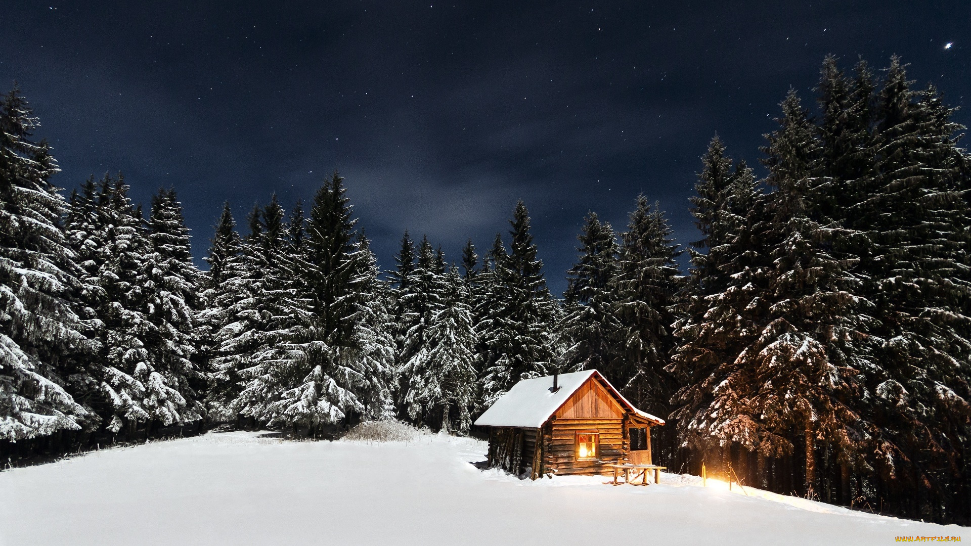 природа, зима, свет, деревья, дом, ночь, небо, изба, лес, звезды, опушка, снег