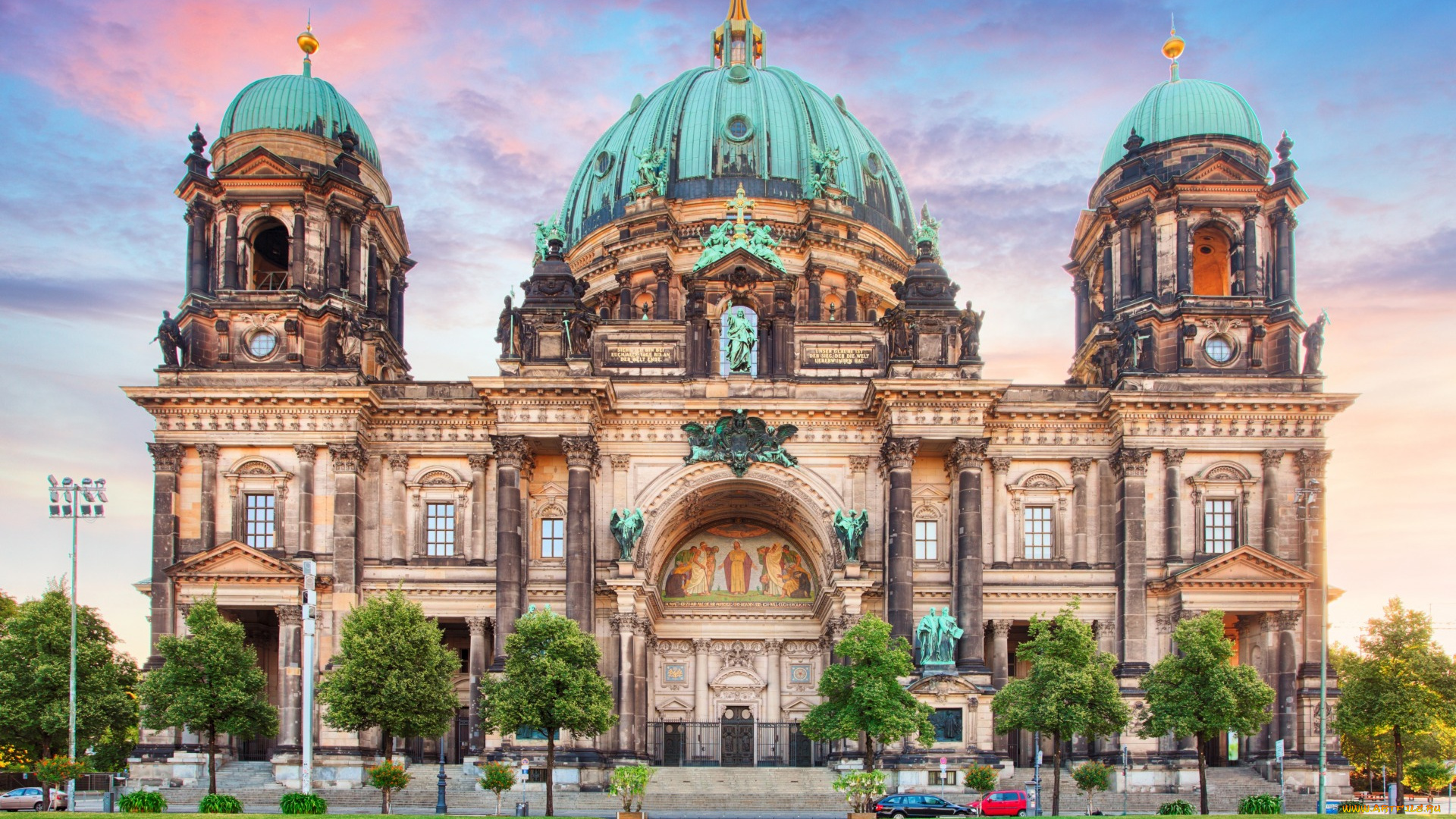 города, берлин, , германия, деревья, berlin, cathedral, тротуар, архитектура, купола, храм, дворец, берлин, hdr, газон