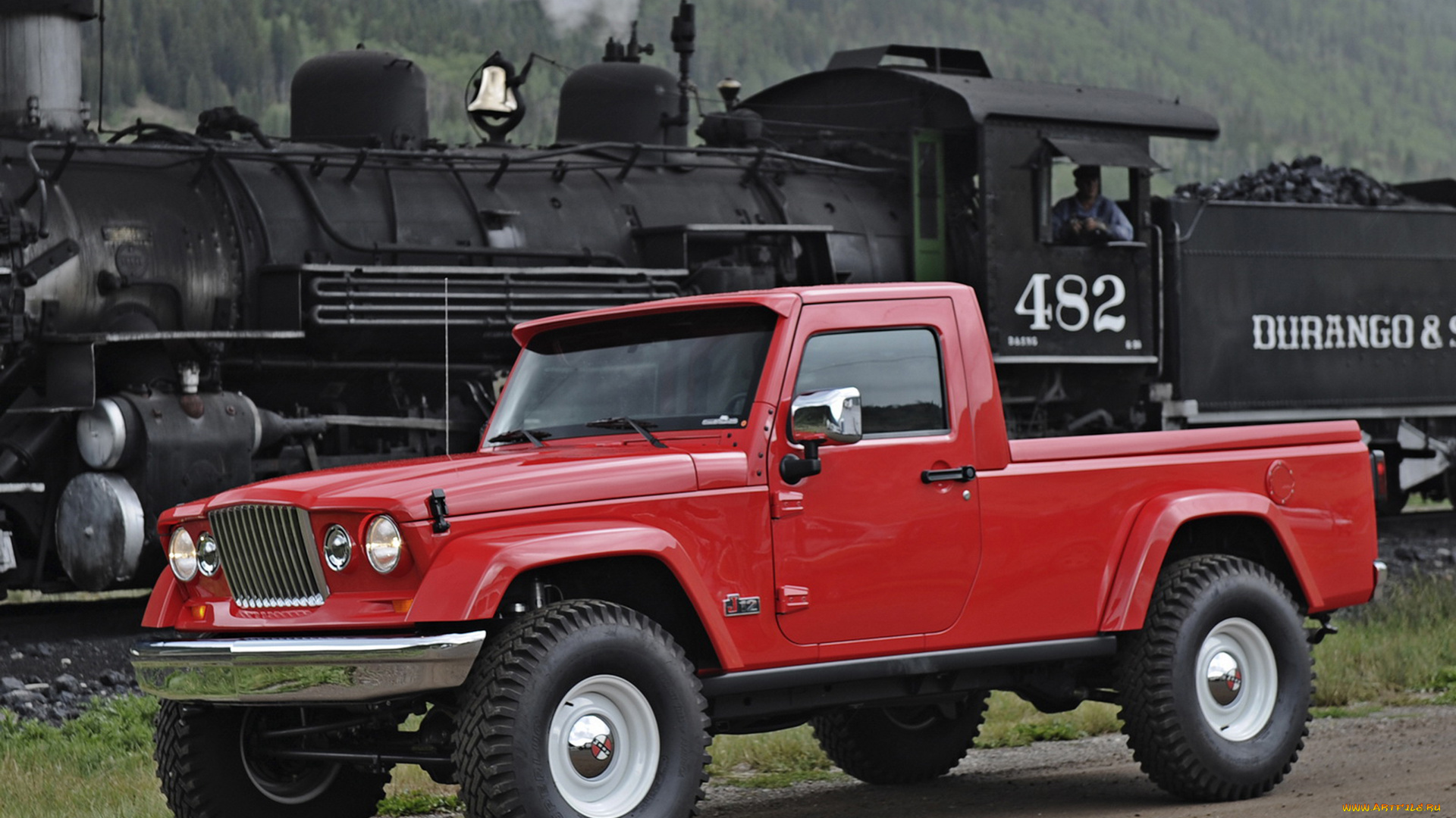 jeep, j-12, prepping, grand, wagoneer, pickup, 2012, автомобили, jeep, pickup, 2012, wagoneer, красный, паровоз, поезд, j-12, prepping, grand