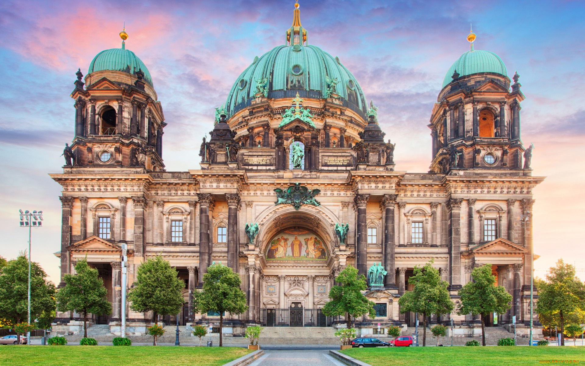 города, берлин, , германия, деревья, berlin, cathedral, тротуар, архитектура, купола, храм, дворец, берлин, hdr, газон