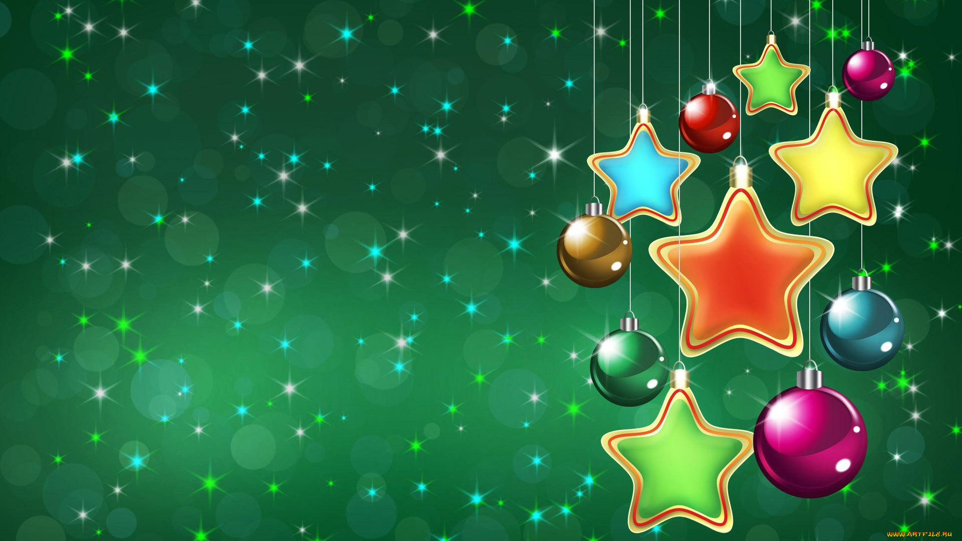 праздничные, векторная, графика, новый, год, шары, звёзды, украшения, зелёный