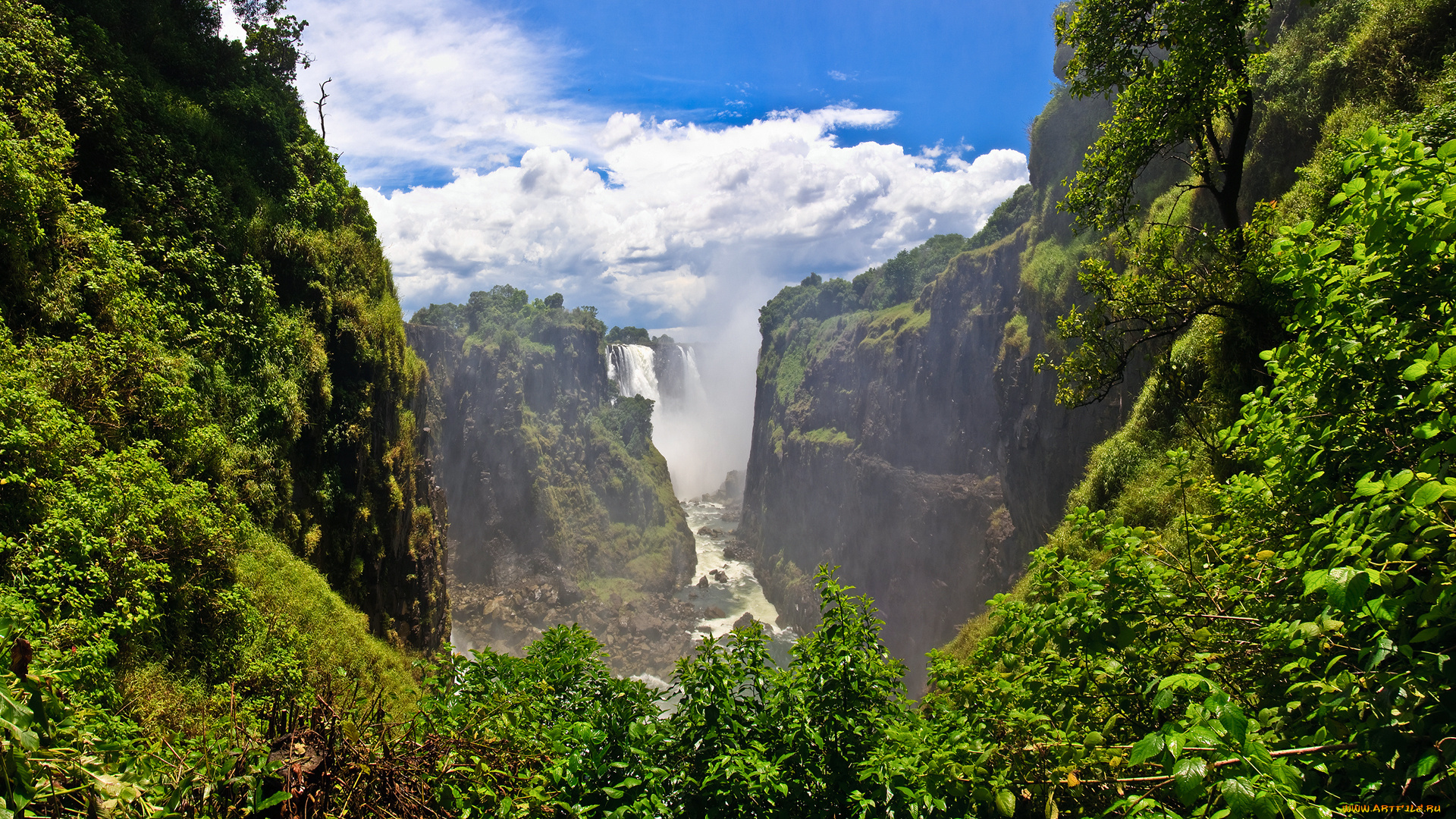 природа, водопады, водопад, виктория, victoria, falls, облака, небо, река, зелень, африка