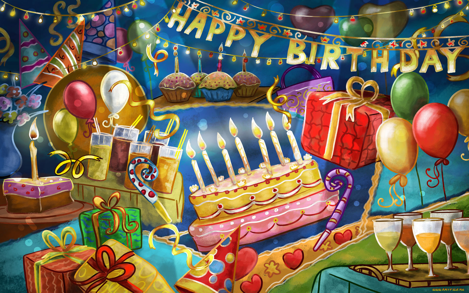 счастливого, дня, рождения, праздничные, день, подарки, торт, свечи, шары, бокалы