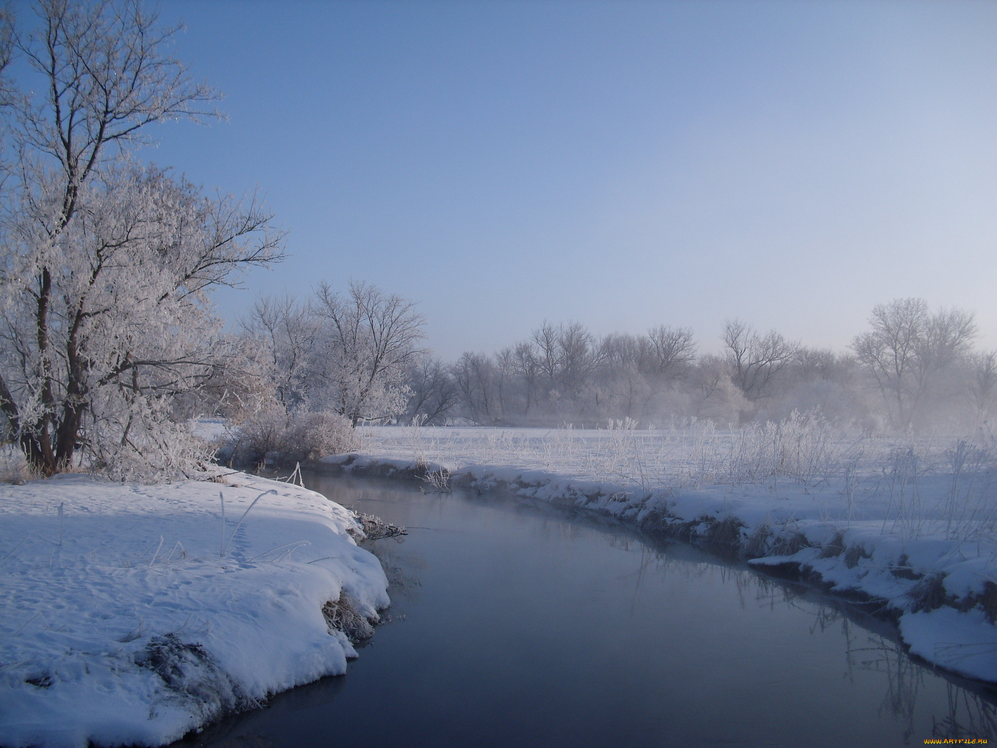 природа, зима, снег, река, утро