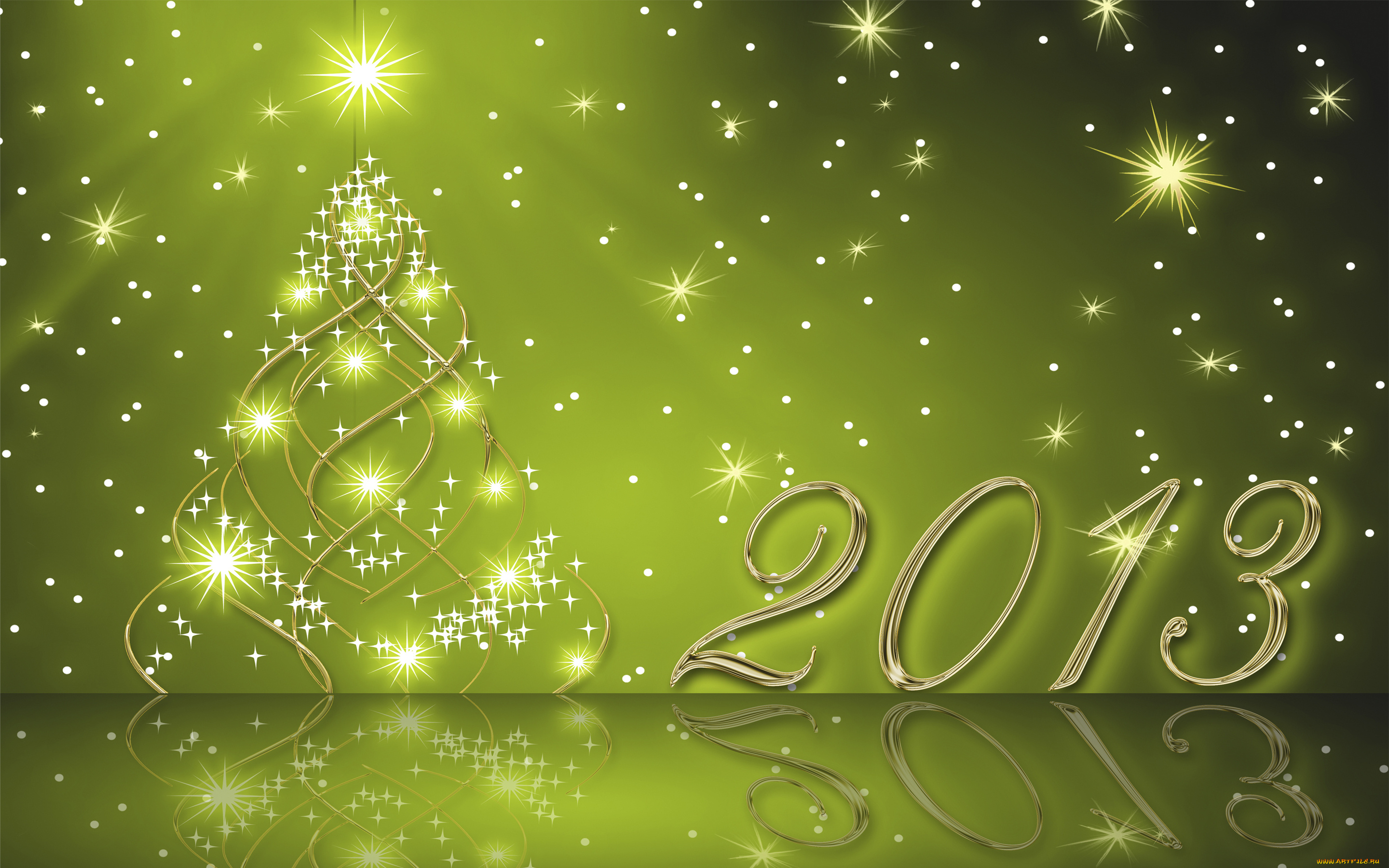 праздничные, 3д, графика, новый, год, отрожение, фон, зелёный, 2013, надпись, звёзды, ель