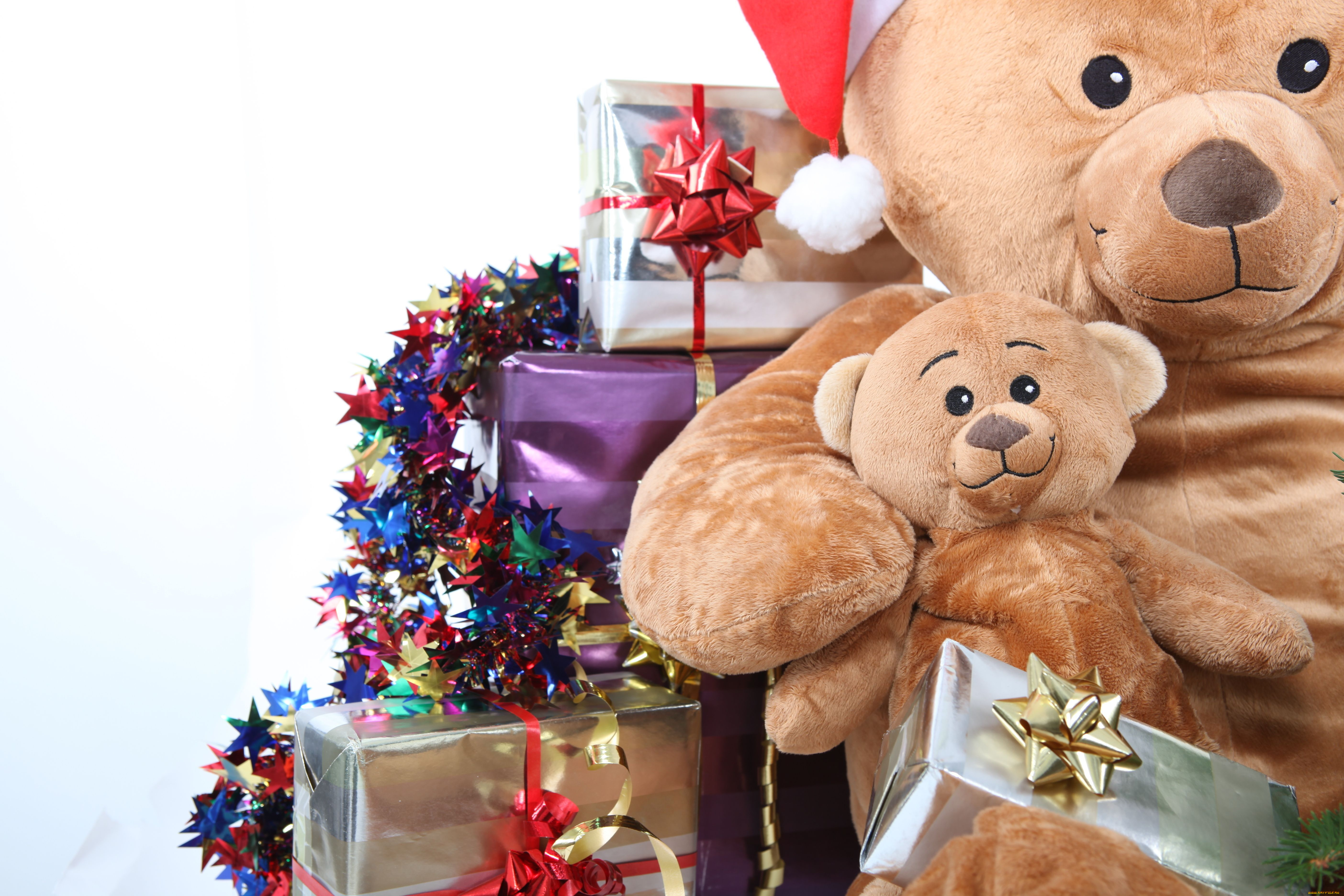 праздничные, мягкие, игрушки, мишура, коробочки, подарки, плюшевый, медведь
