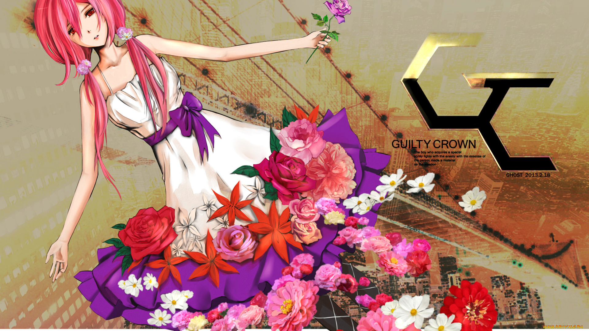 аниме, guilty, crown, заколка, бант, цветы, платье, yuzuriha, inori, девушка