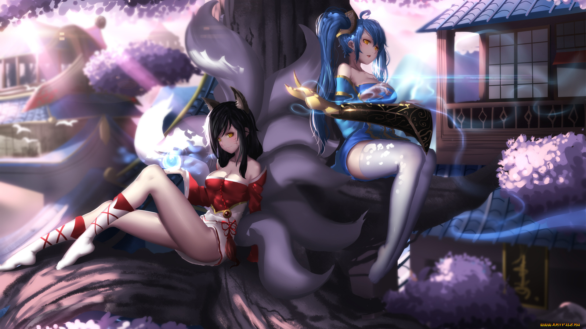 аниме, животные, , существа, девушки, арт, ahri, sona