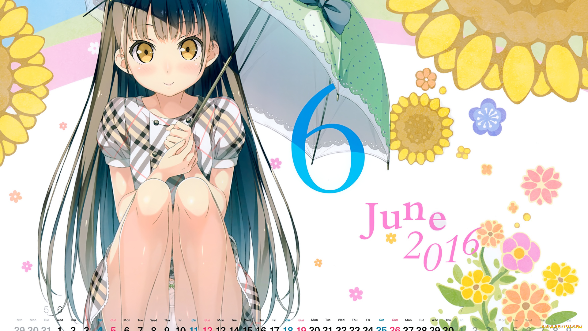 календари, аниме, зонт, девочка, 2016, июнь
