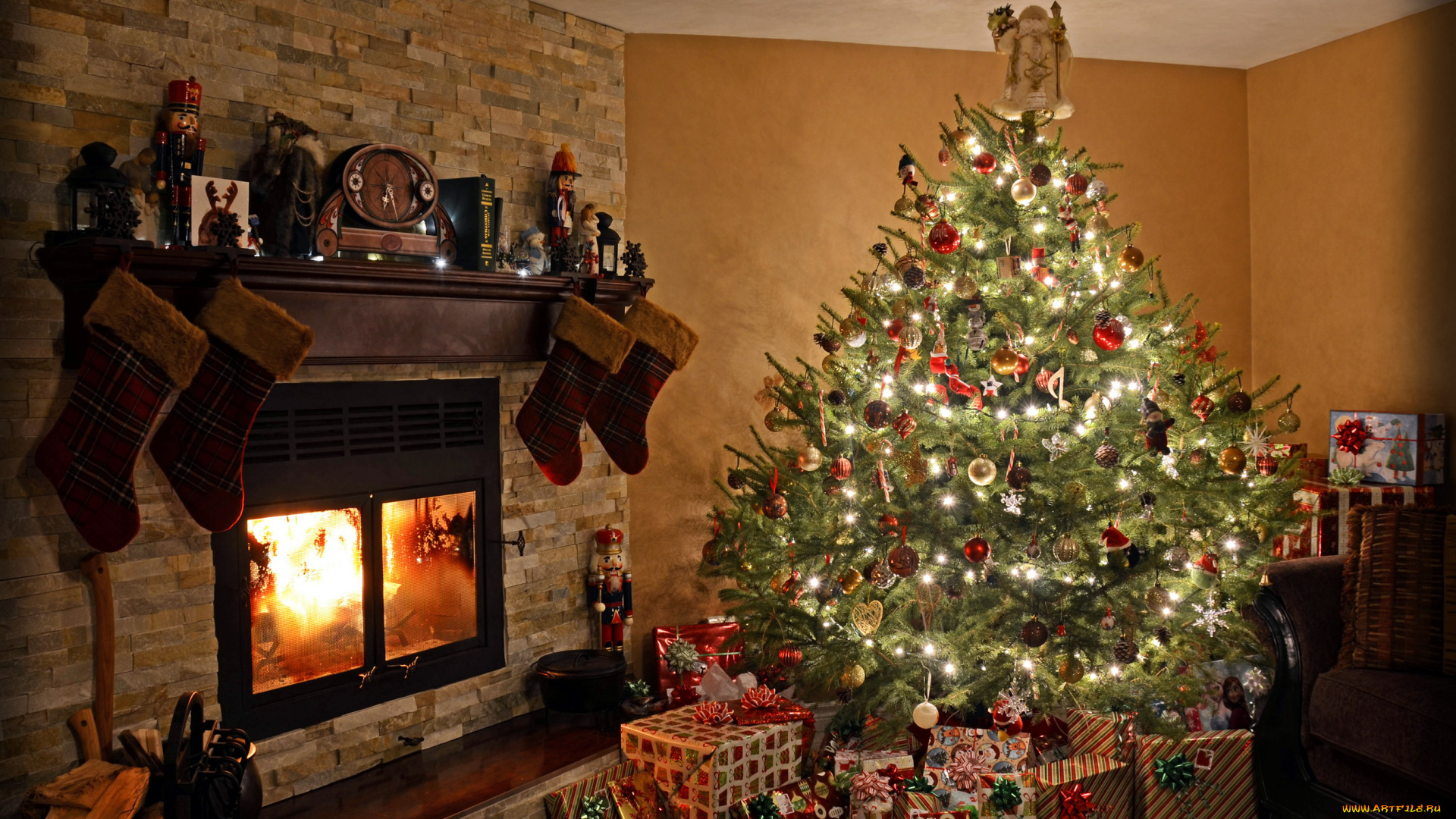 праздничные, новогодний, очаг, елка, камин, украшения