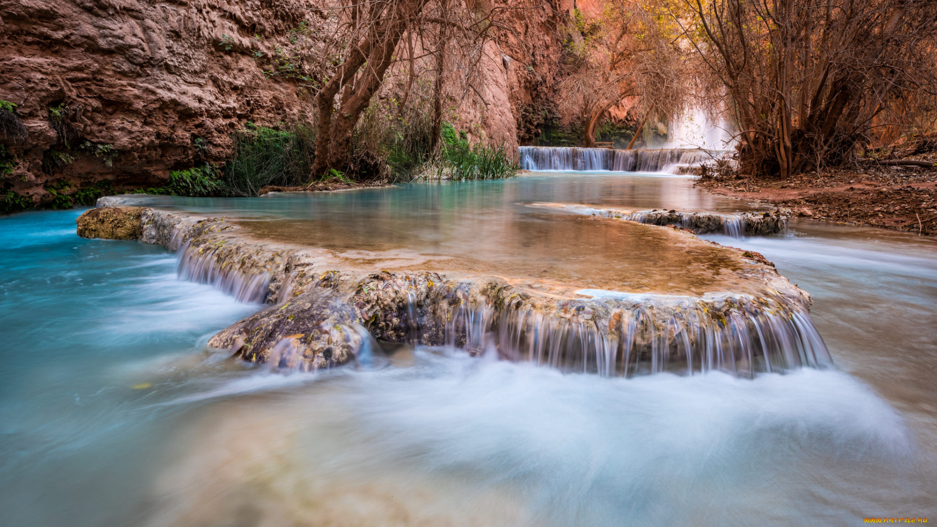 природа, водопады, поток, вода, водопад, деревья