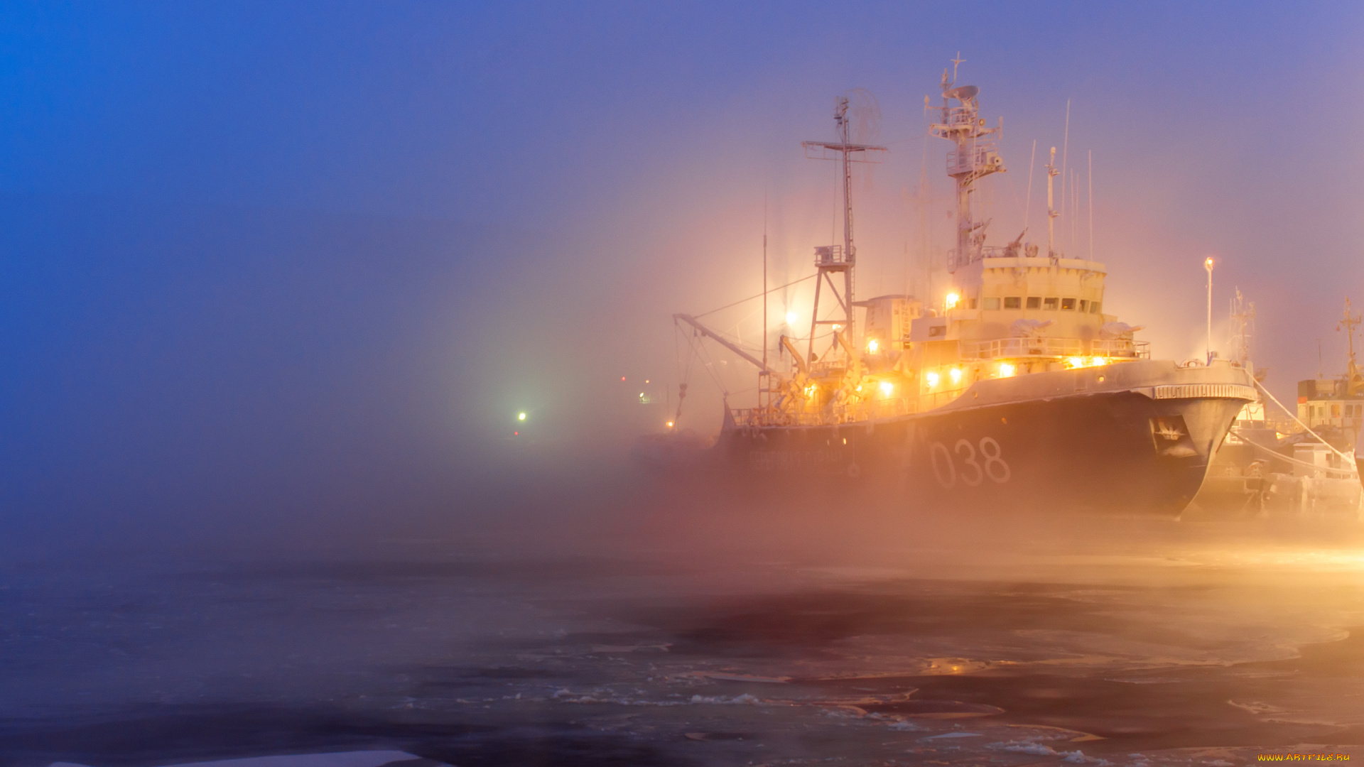 корабли, грузовые, суда, огни, причал, туман, лед, море