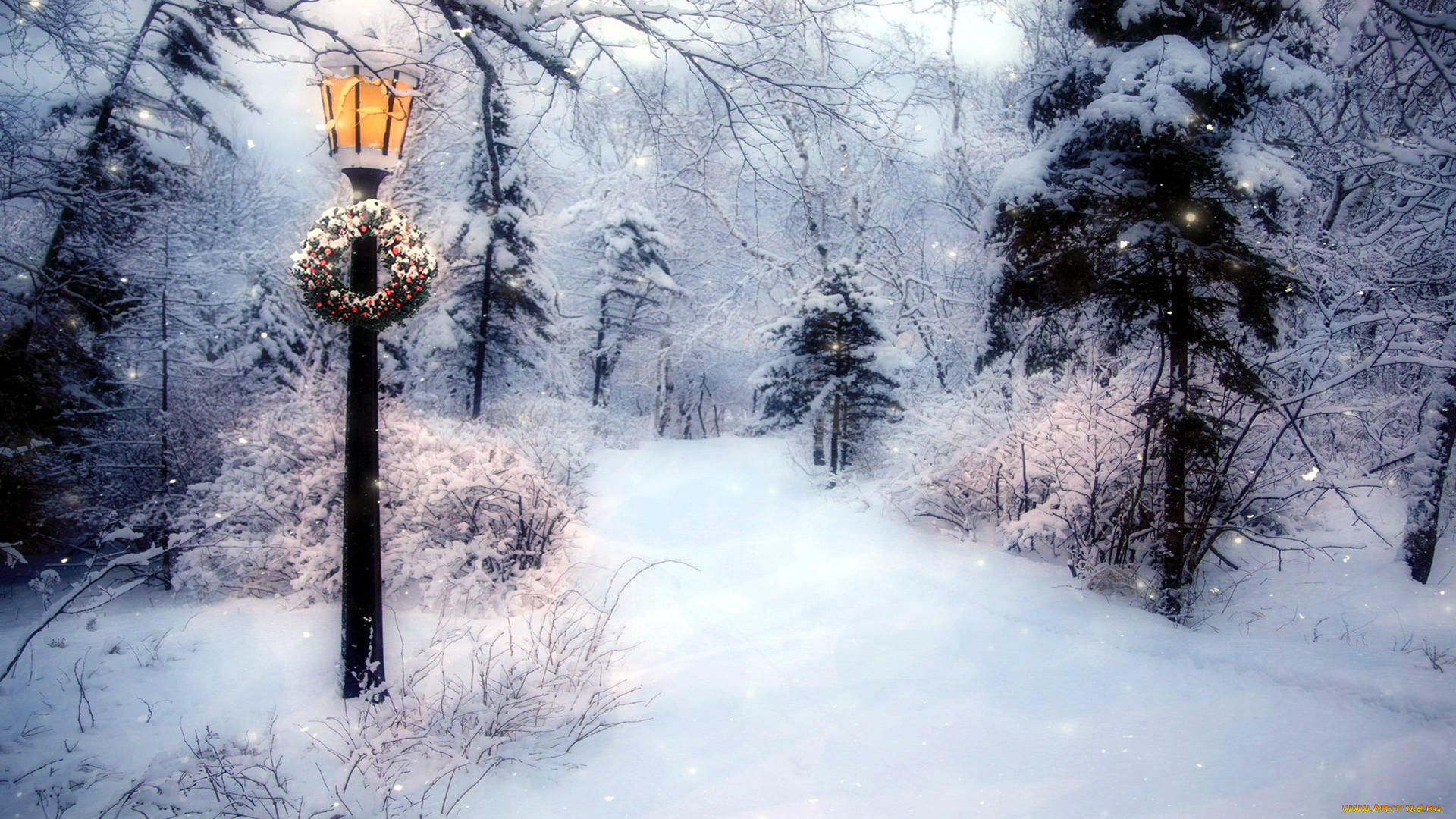 природа, зима, фонарь, снег, деревья, венок