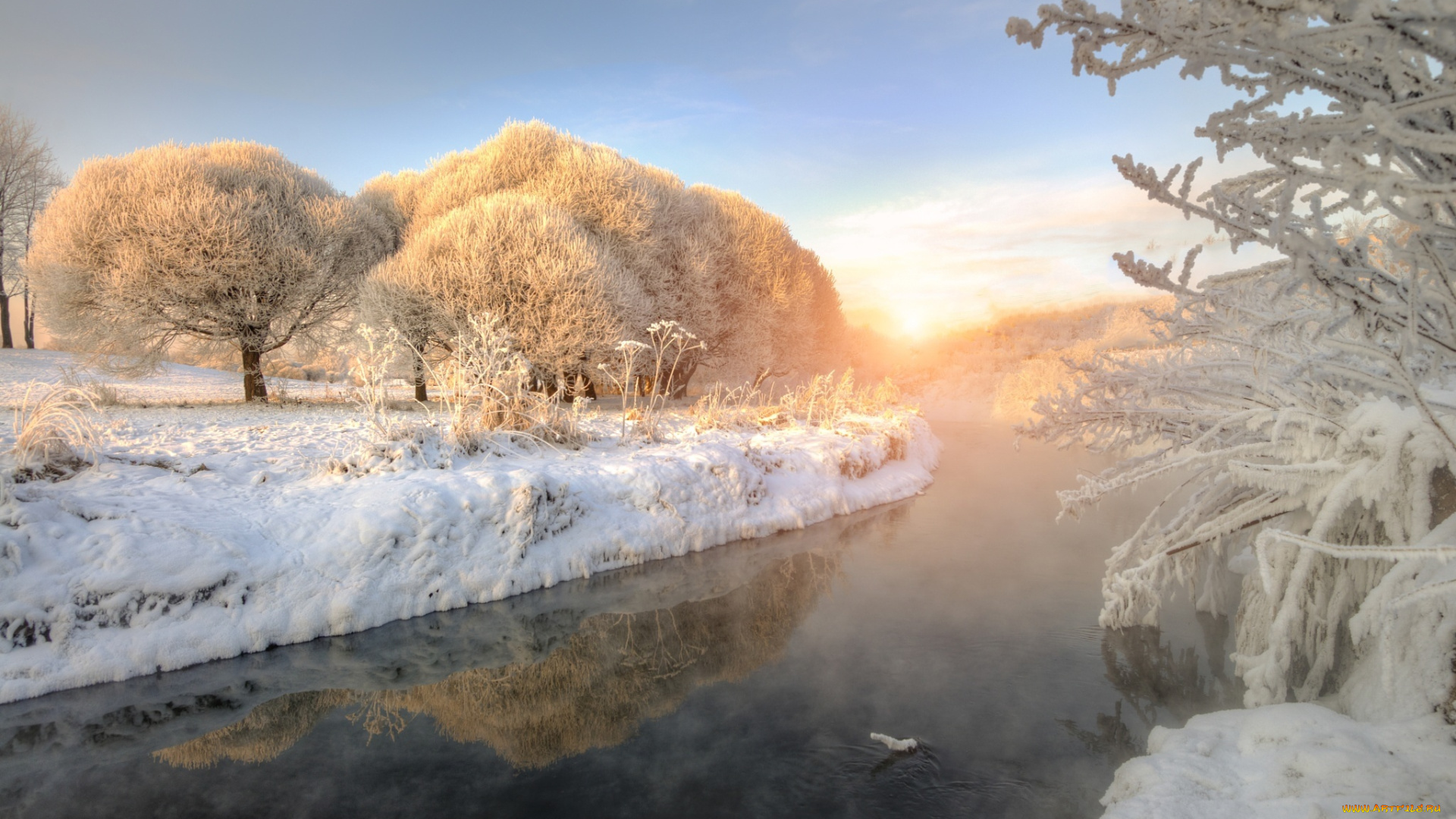 природа, зима, снег, иней, река, деревья