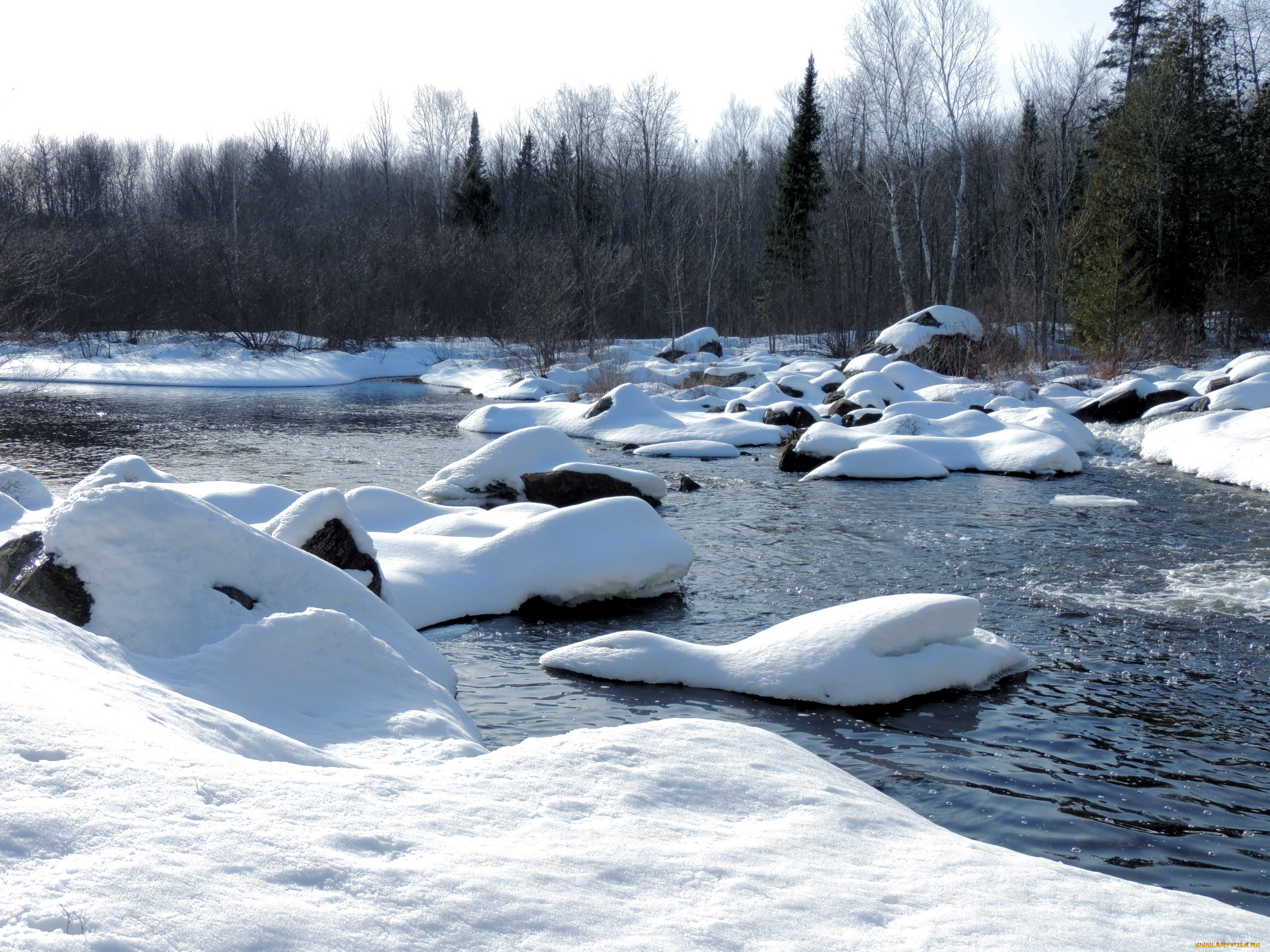 природа, зима, река, снег, сугробы