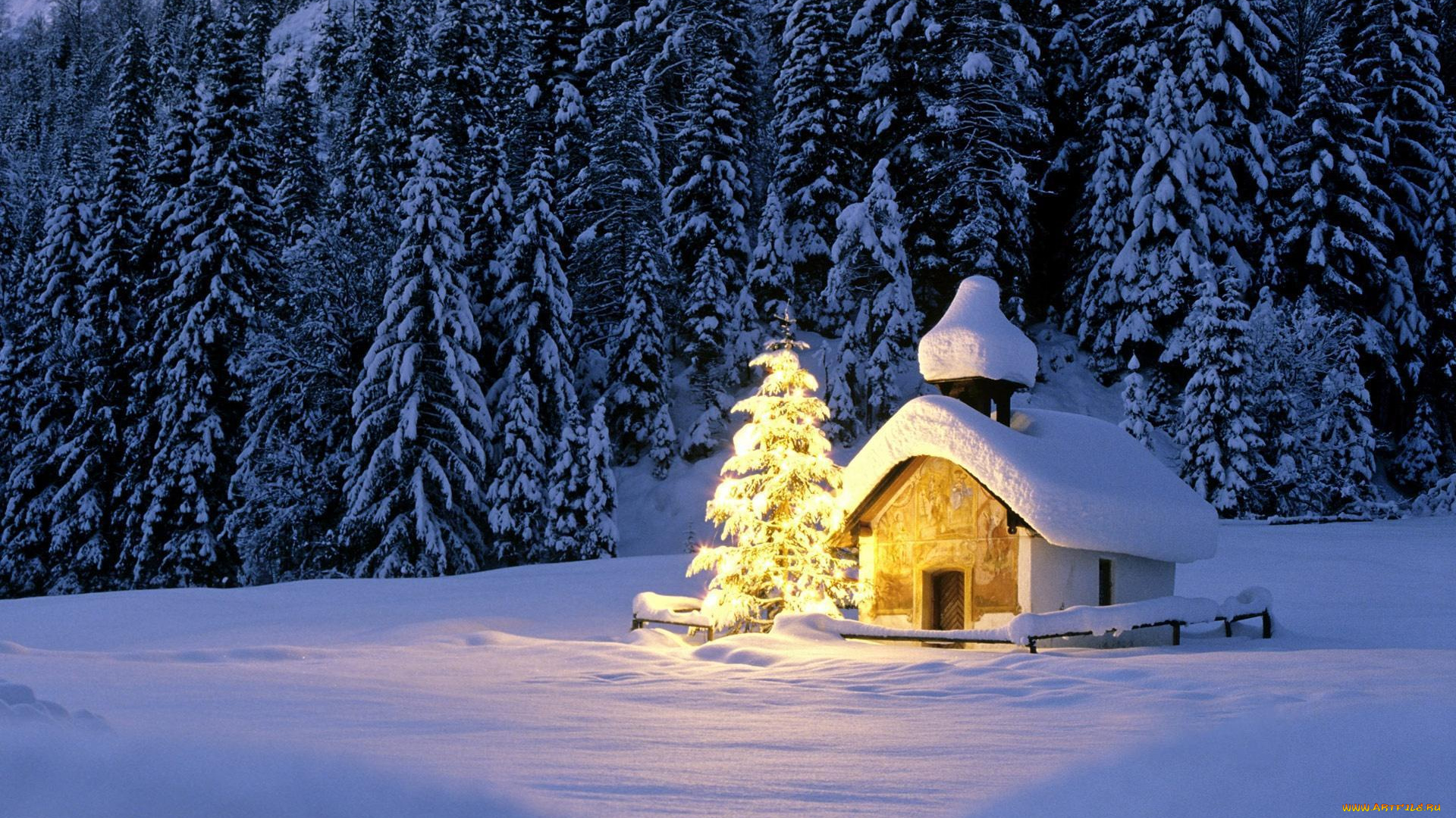 праздничные, новогодние, пейзажи, часовня, огни, ёлка, снег, лес