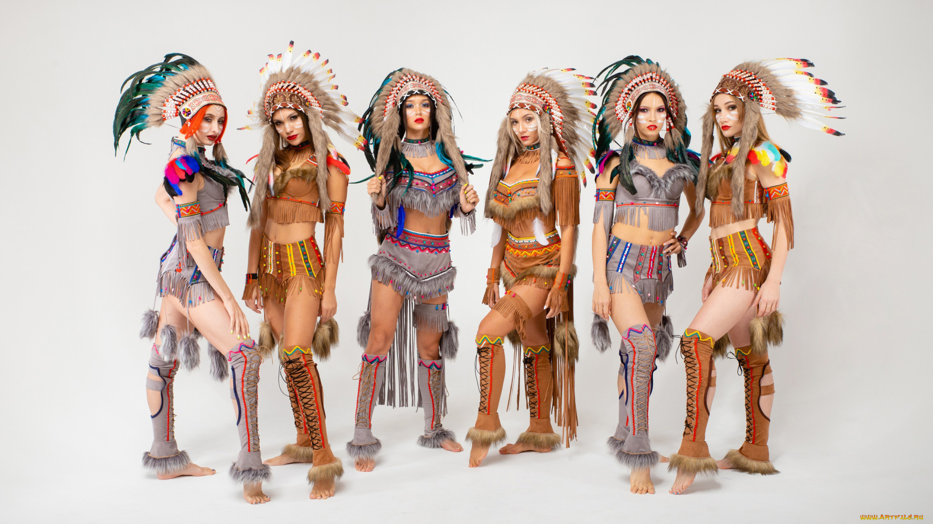 девушки, -unsort, , группа, девушек, костюм, индейца, перья