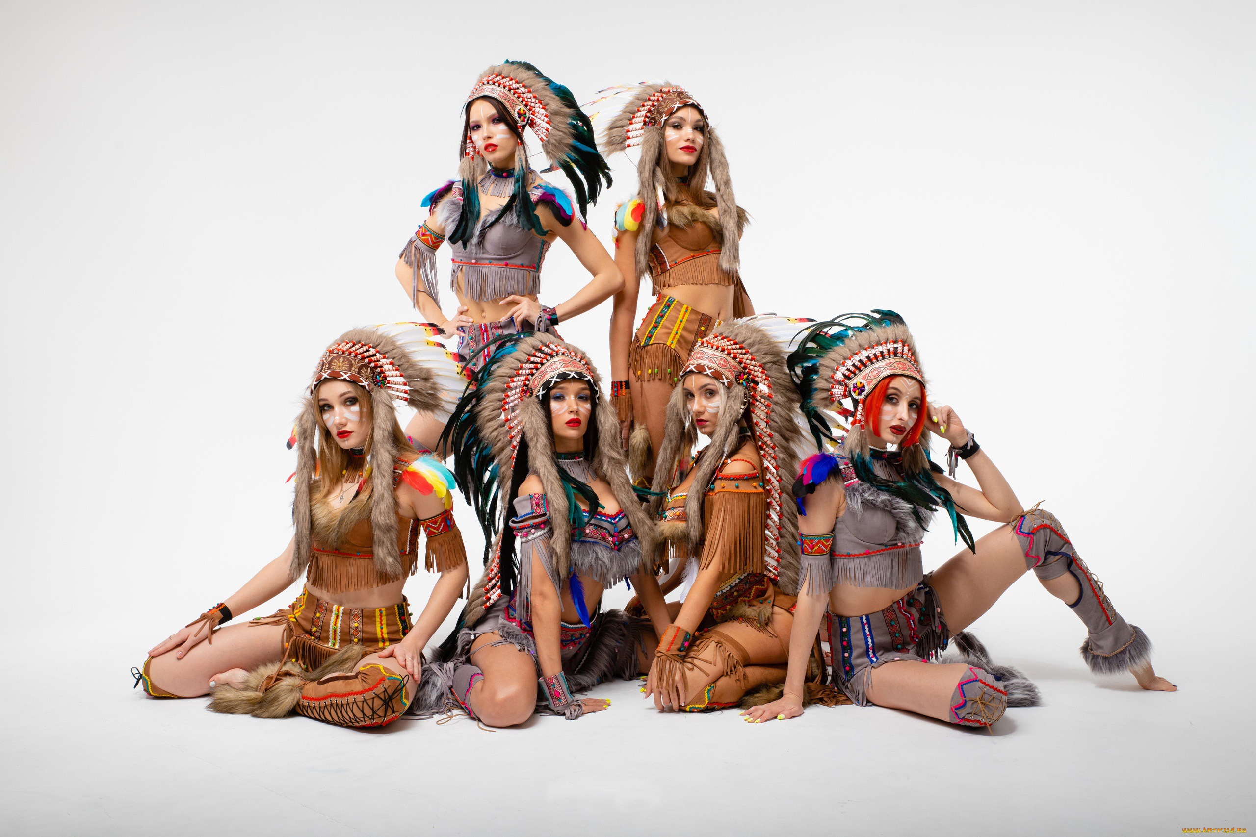 девушки, -unsort, , группа, девушек, перья, костюм, индейца