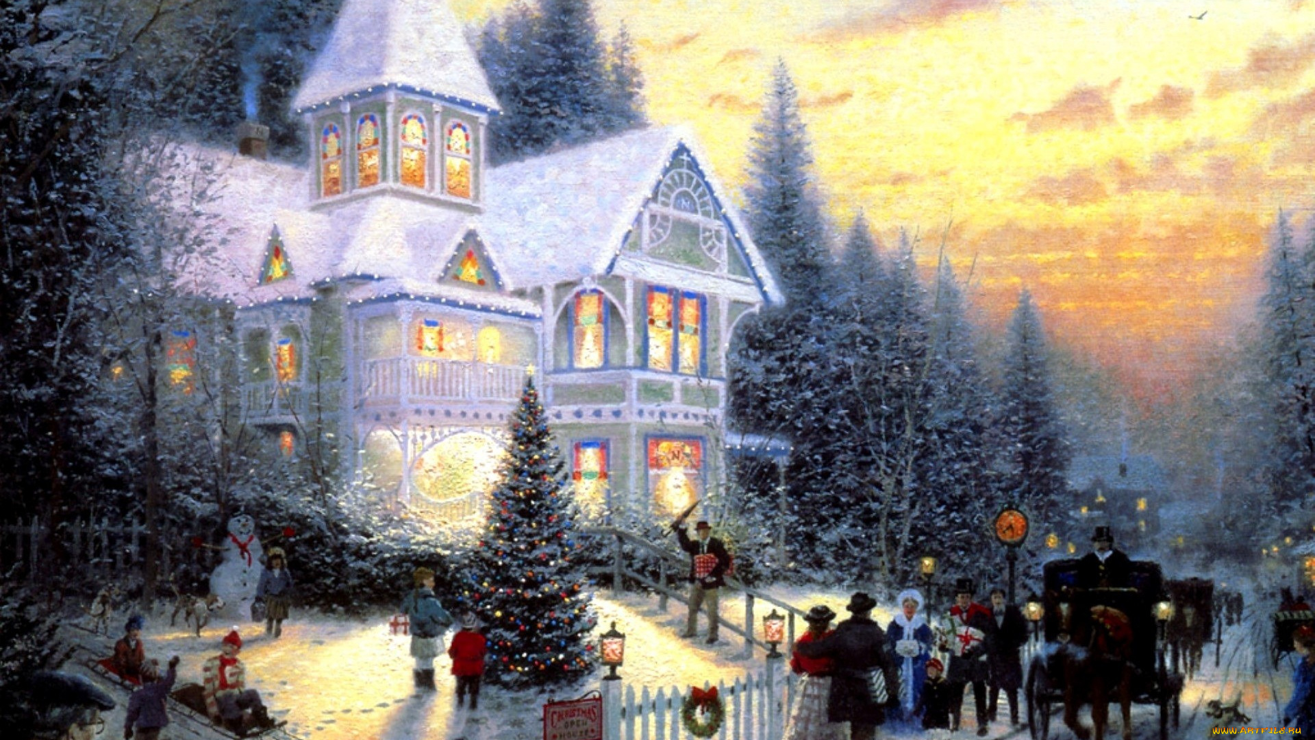 Скачать обои рисованное, thomas, kinkade, дом, люди, карета, праздник из  раздела Рисованное, в разрешении 1920x1080