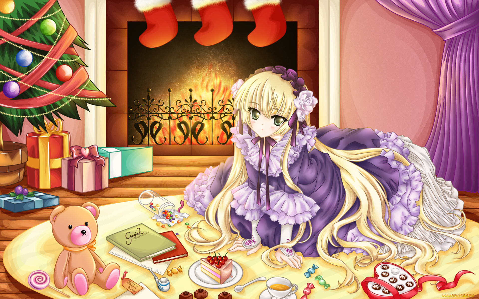 gosick, аниме, victorique, de, blois, сладости, камин, merry, chrismas, девушка, winter, носок, игрушки, подарки, украшения, платье, шторы, цветы, чай, конфеты, елка, огонь