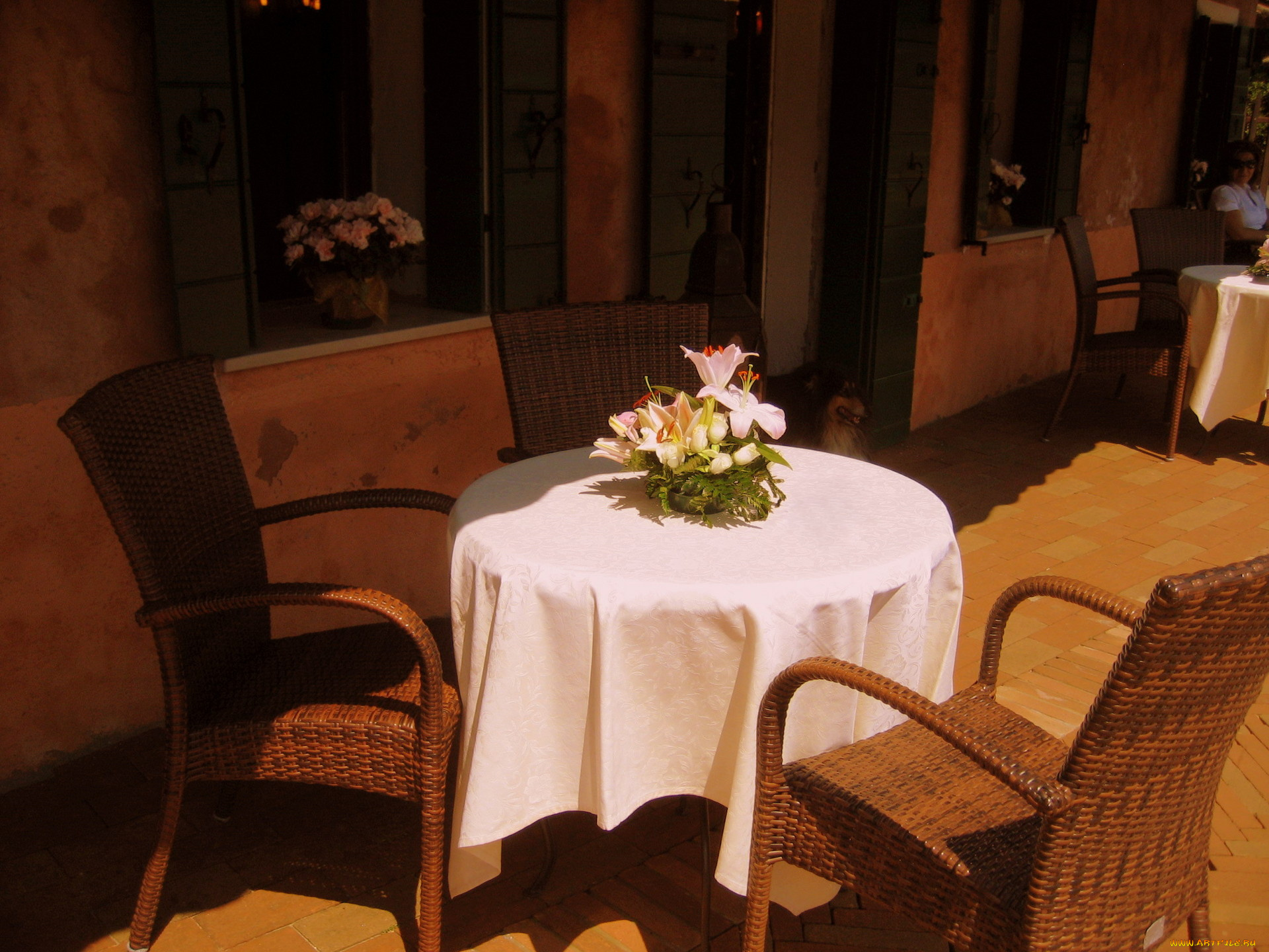 интерьер, декор, отделка, сервировка, кафе, цветы, кресла, столик
