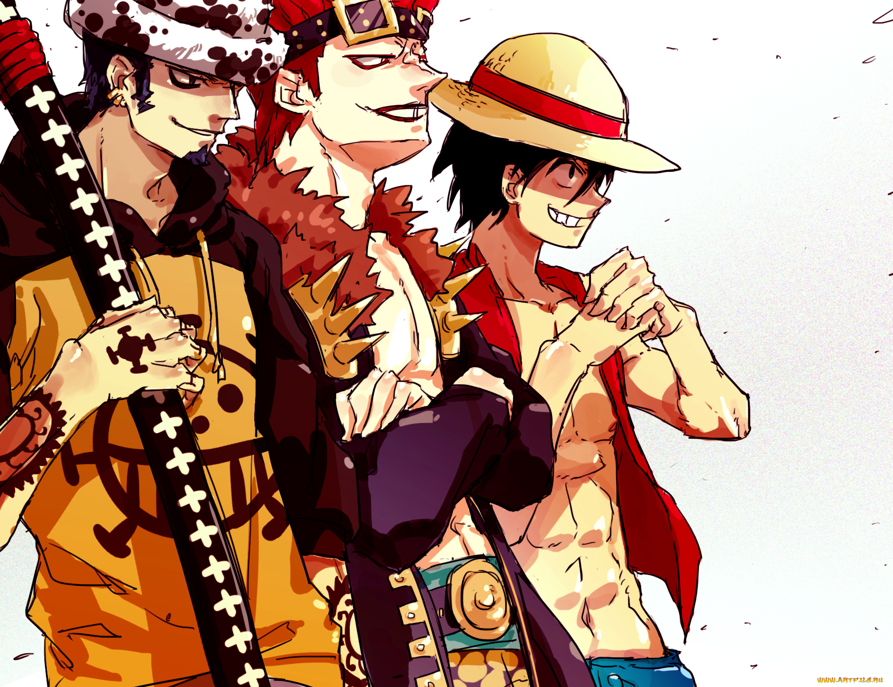 аниме, one, piece, trafalgar, law, eustass, kid, monkey, d, luffy