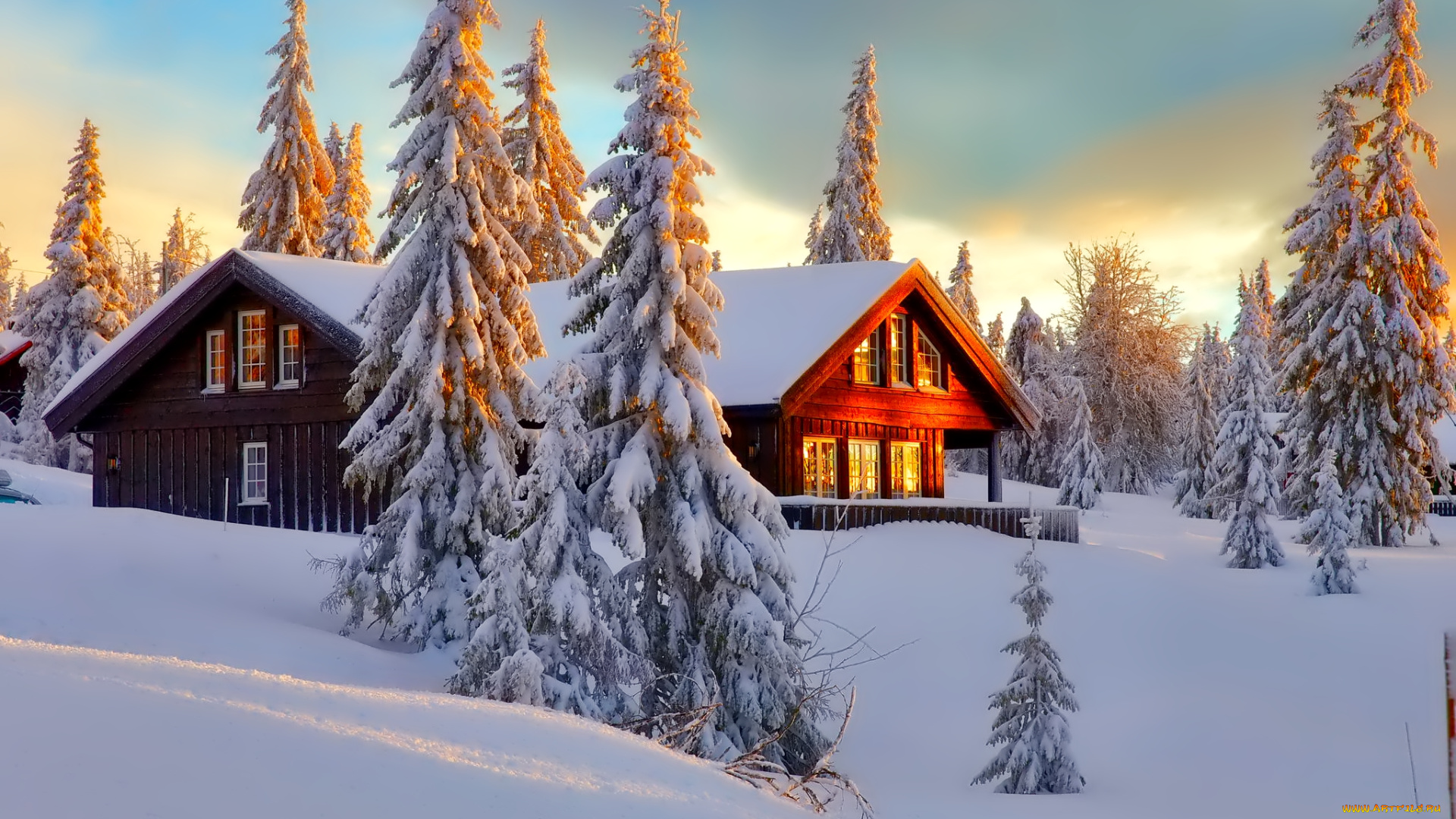 природа, зима, дом, деревья, снег