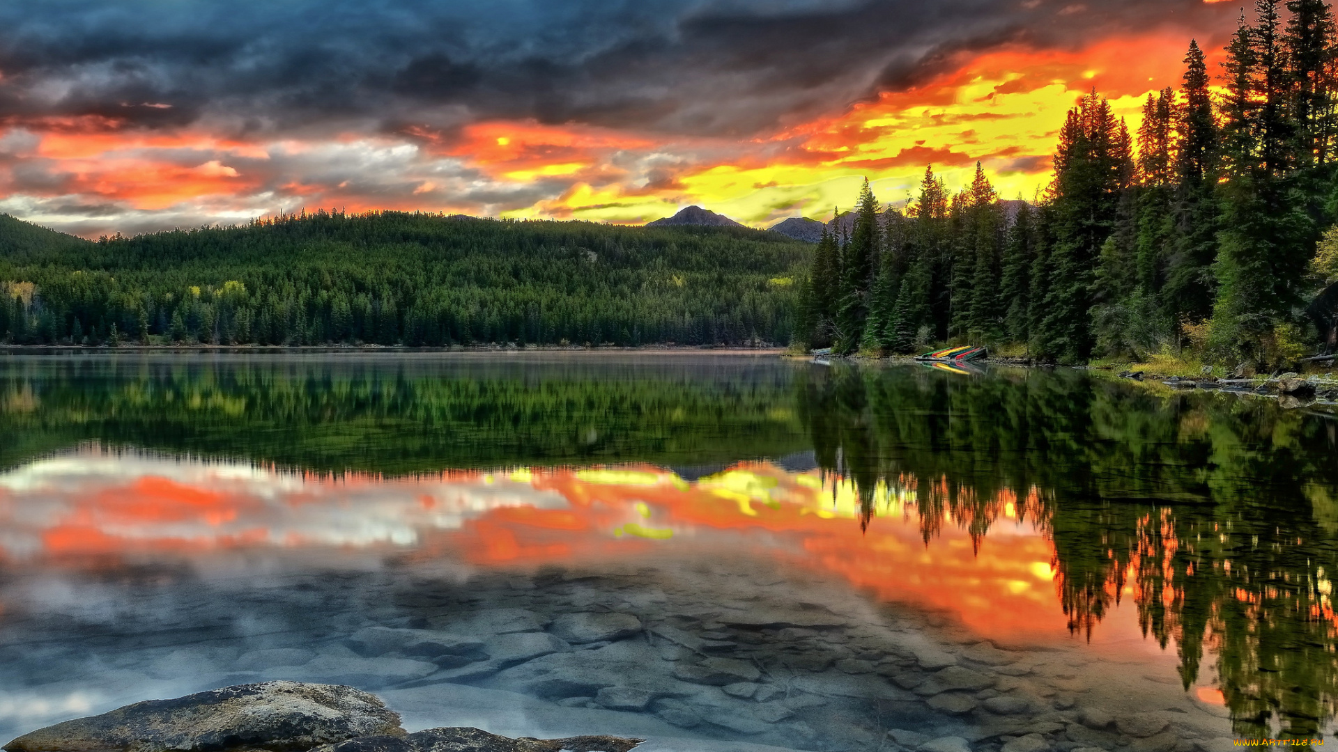 pyramid, lake, , jasper, national, park, , alberta, , canada, природа, реки, озера, отражение, альберта, canada, alberta, jasper, national, park, pyramid, lake, озеро, канада, закат, лес, дно, пейзаж