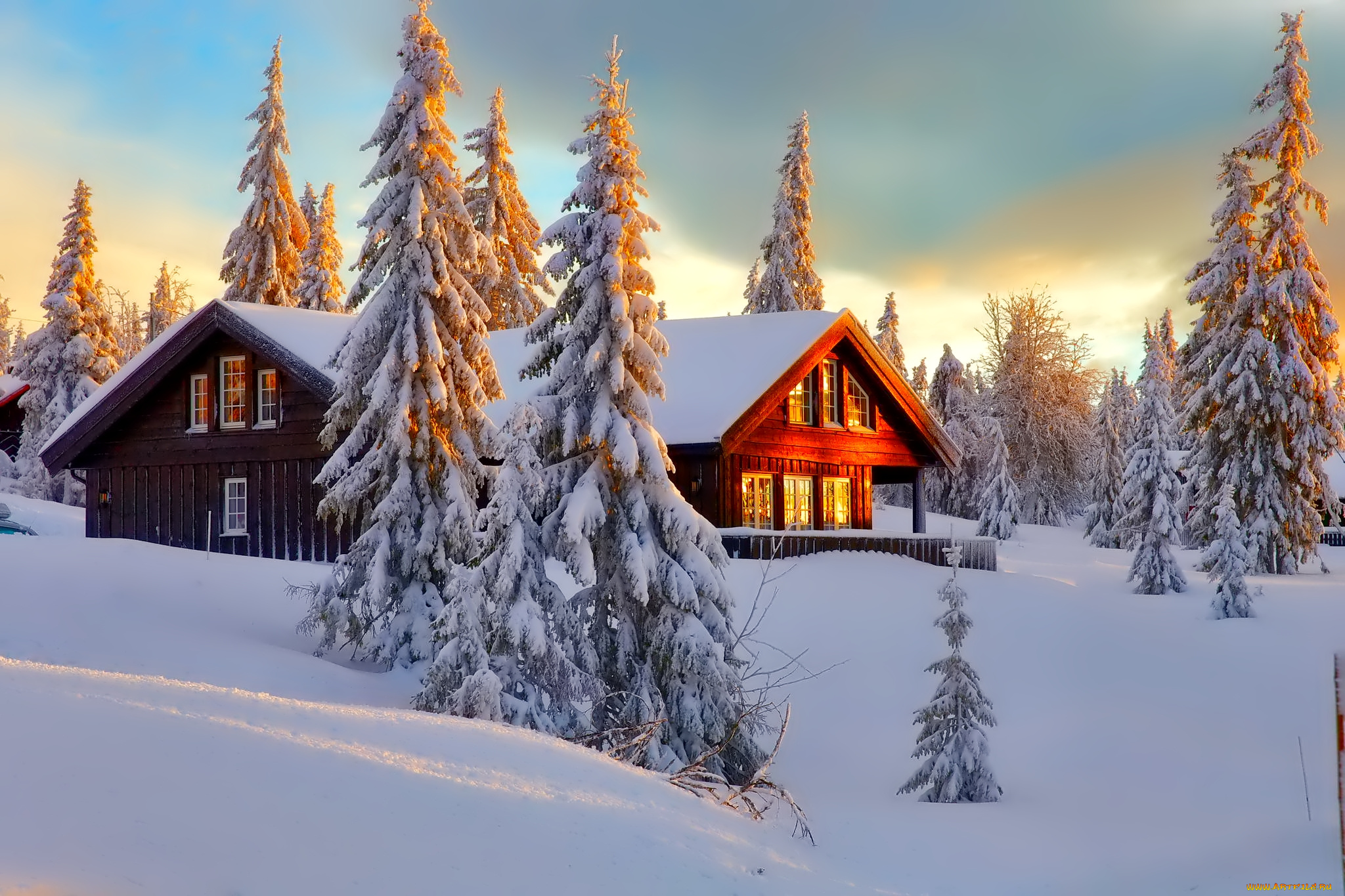 природа, зима, дом, деревья, снег