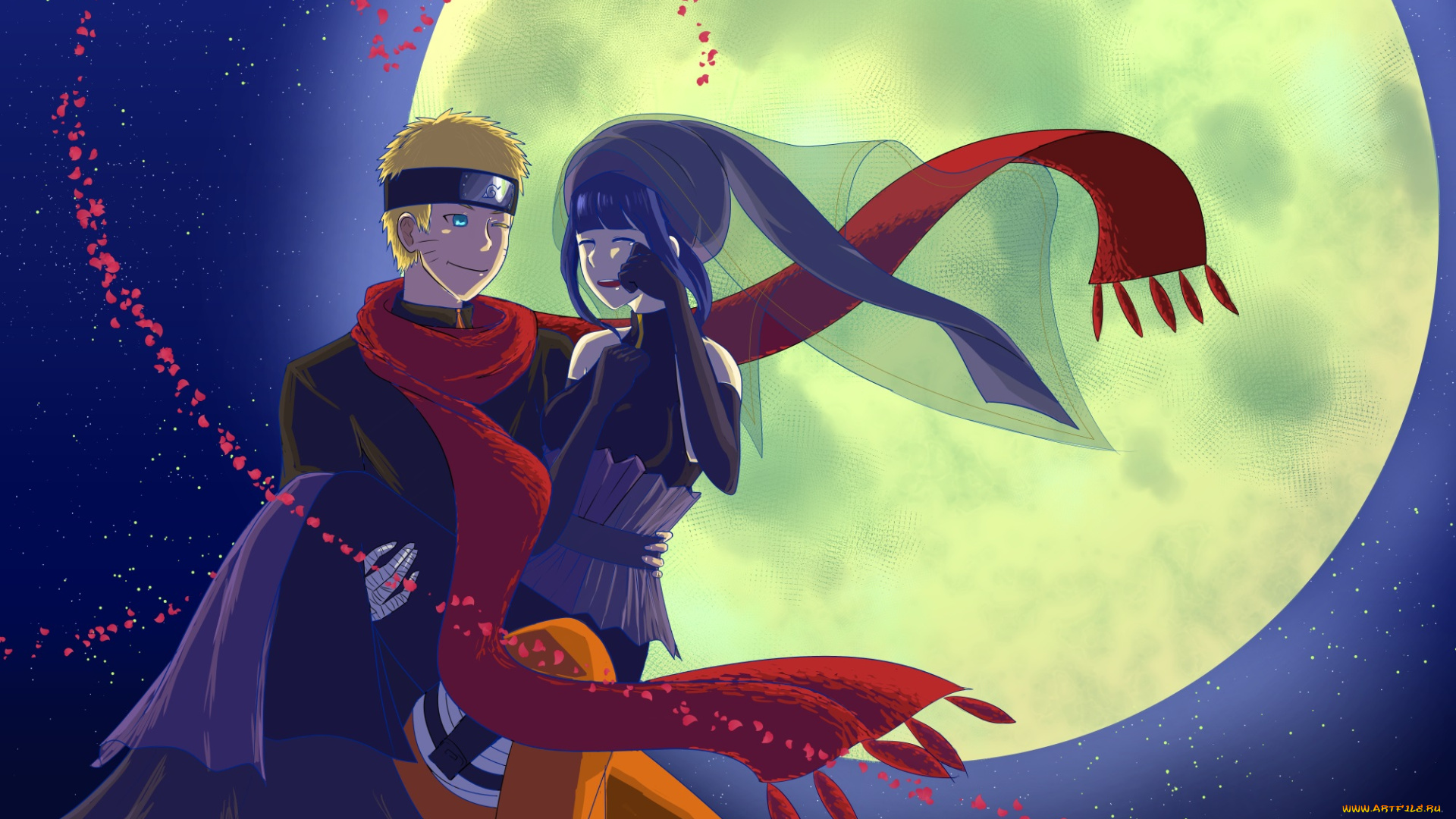 аниме, naruto, art, the, movie, last, uzumaki, hinata, hyugo, red, scarf, ночь, луна